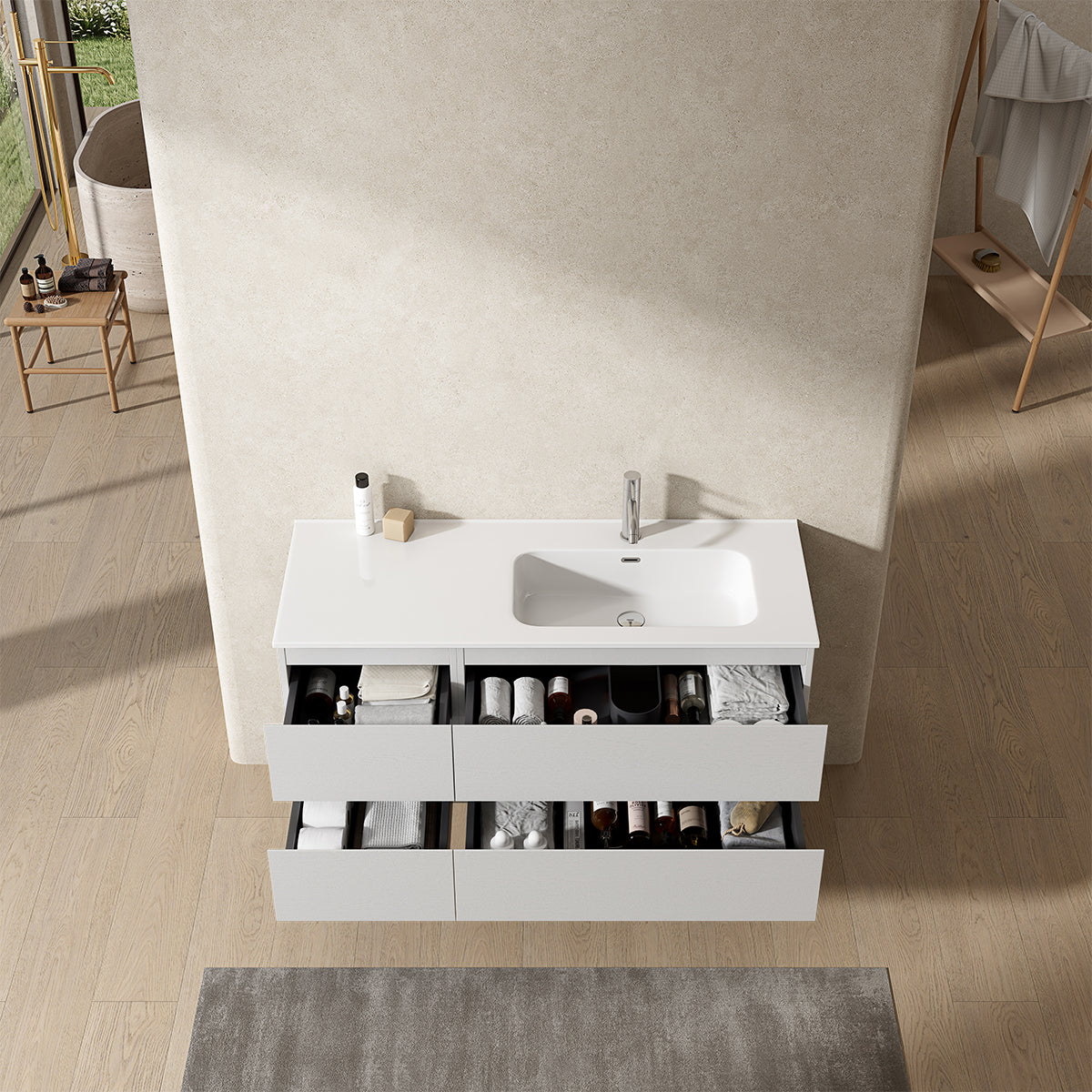 Mobile bagno sospeso 120 cm Bianco Lavabo a Destra in Ceramica Senza Specchio - Fiji Wood