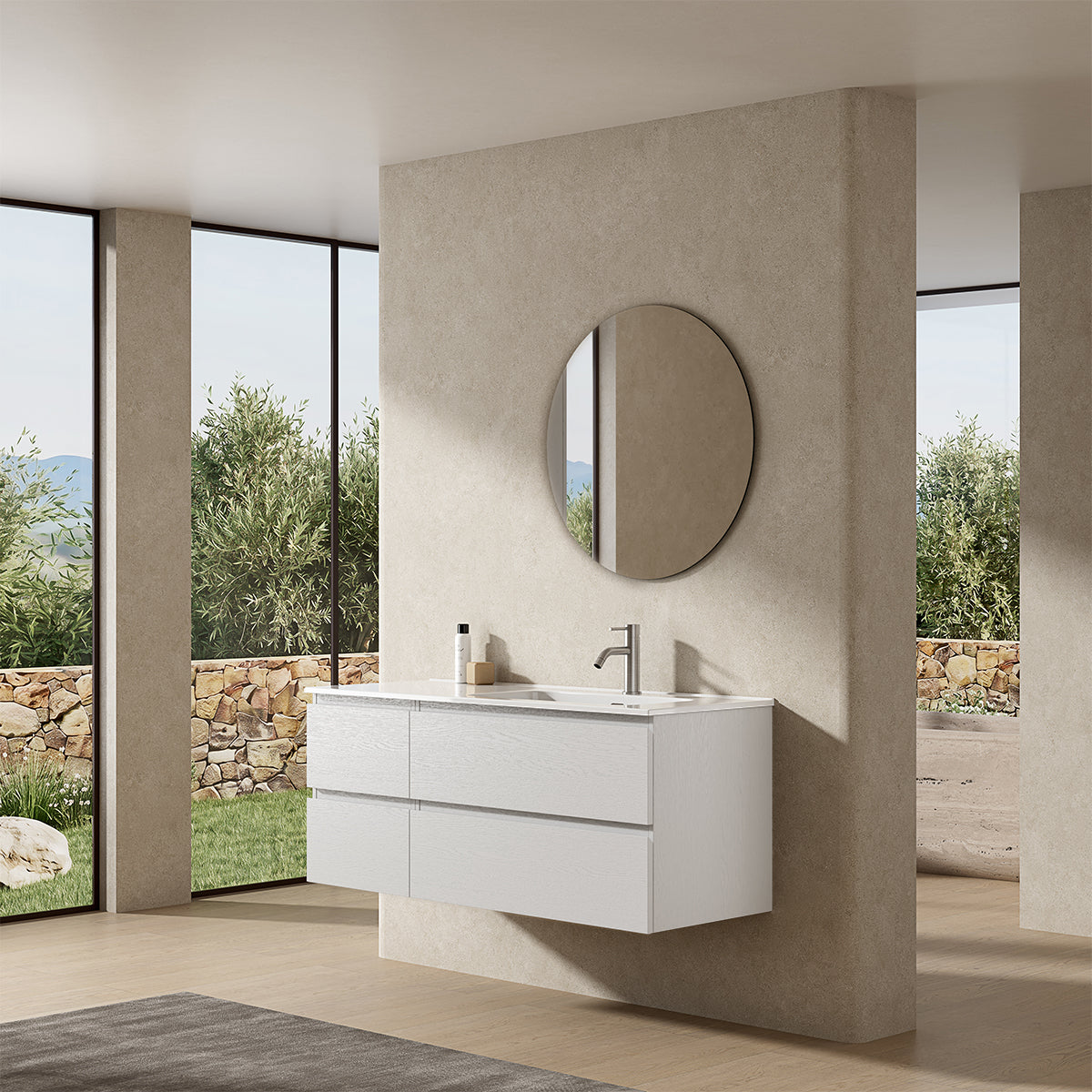 Mobile bagno sospeso 120 cm Bianco Lavabo a Destra in Ceramica Specchio Tondo - Fiji Wood