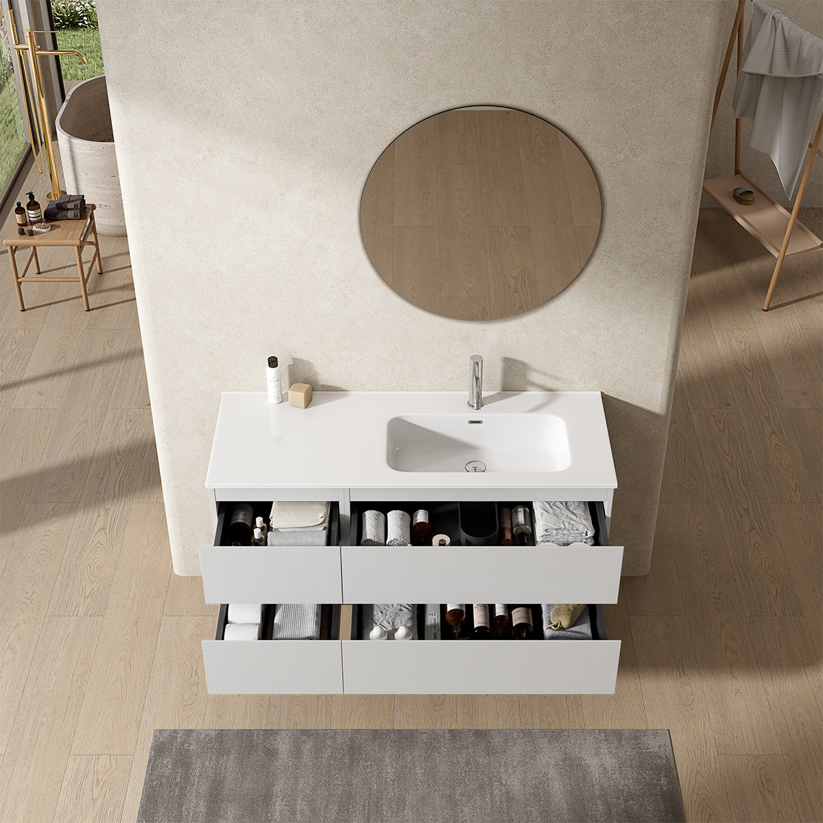 Mobile bagno sospeso 120 cm Bianco Lavabo a Destra in Ceramica Specchio Tondo - Fiji Wood