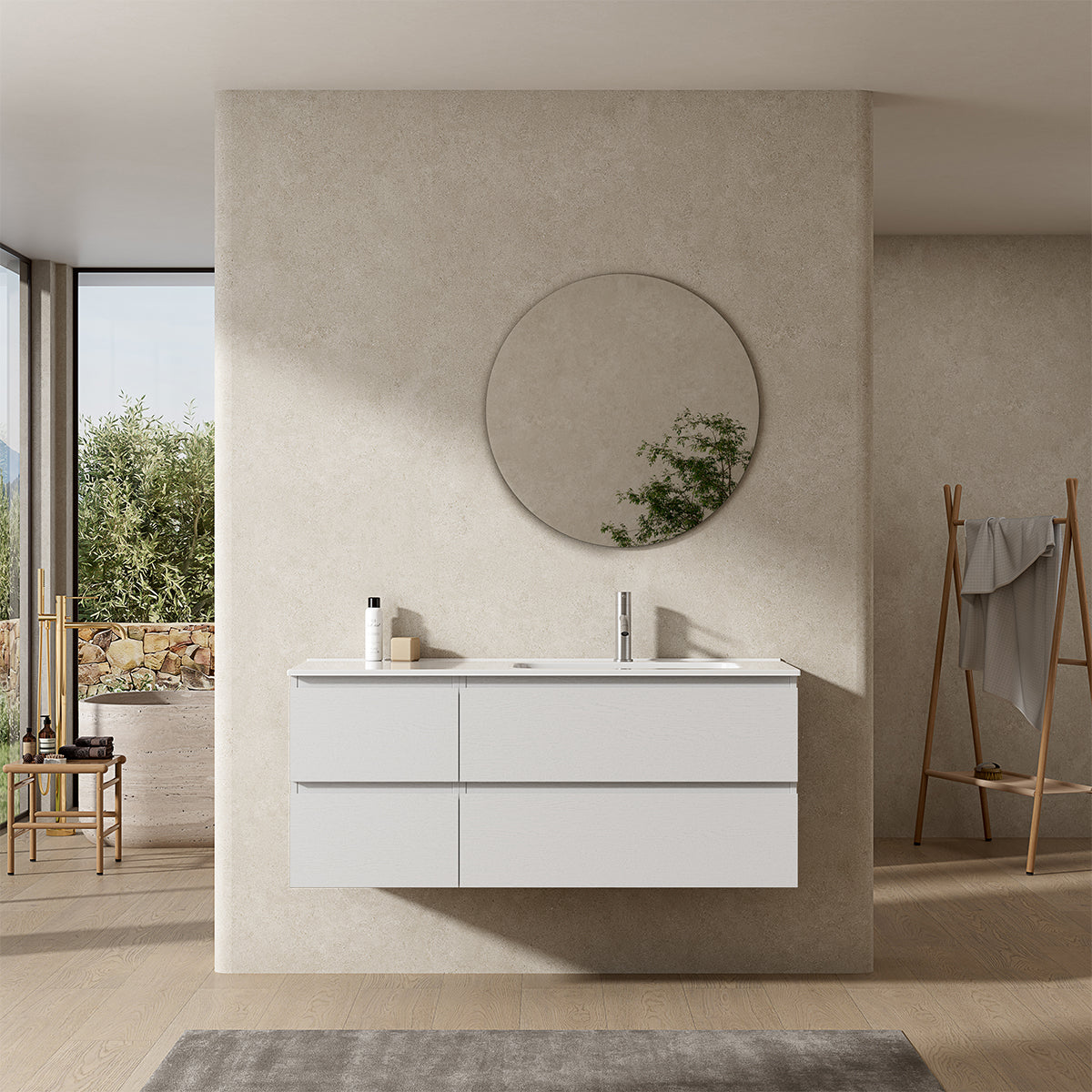 Mobile bagno sospeso 120 cm Bianco Lavabo a Destra in Ceramica Specchio Tondo - Fiji Wood