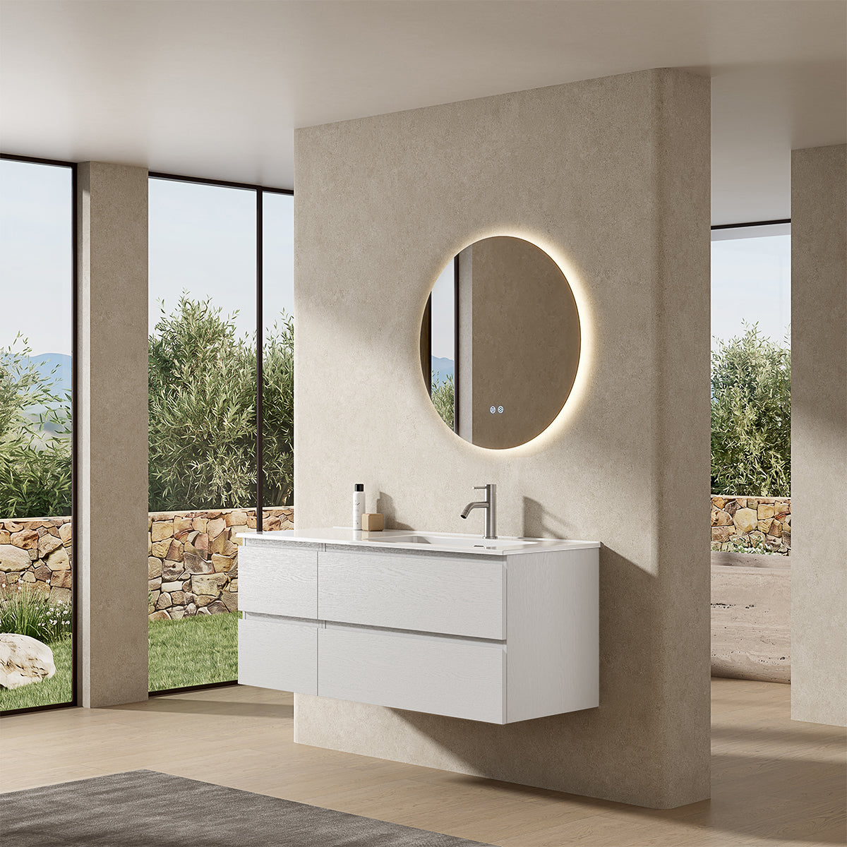 Mobile bagno sospeso 120 cm Bianco Lavabo a Destra in Ceramica Specchio Tondo Retroilluminato - Fiji Wood