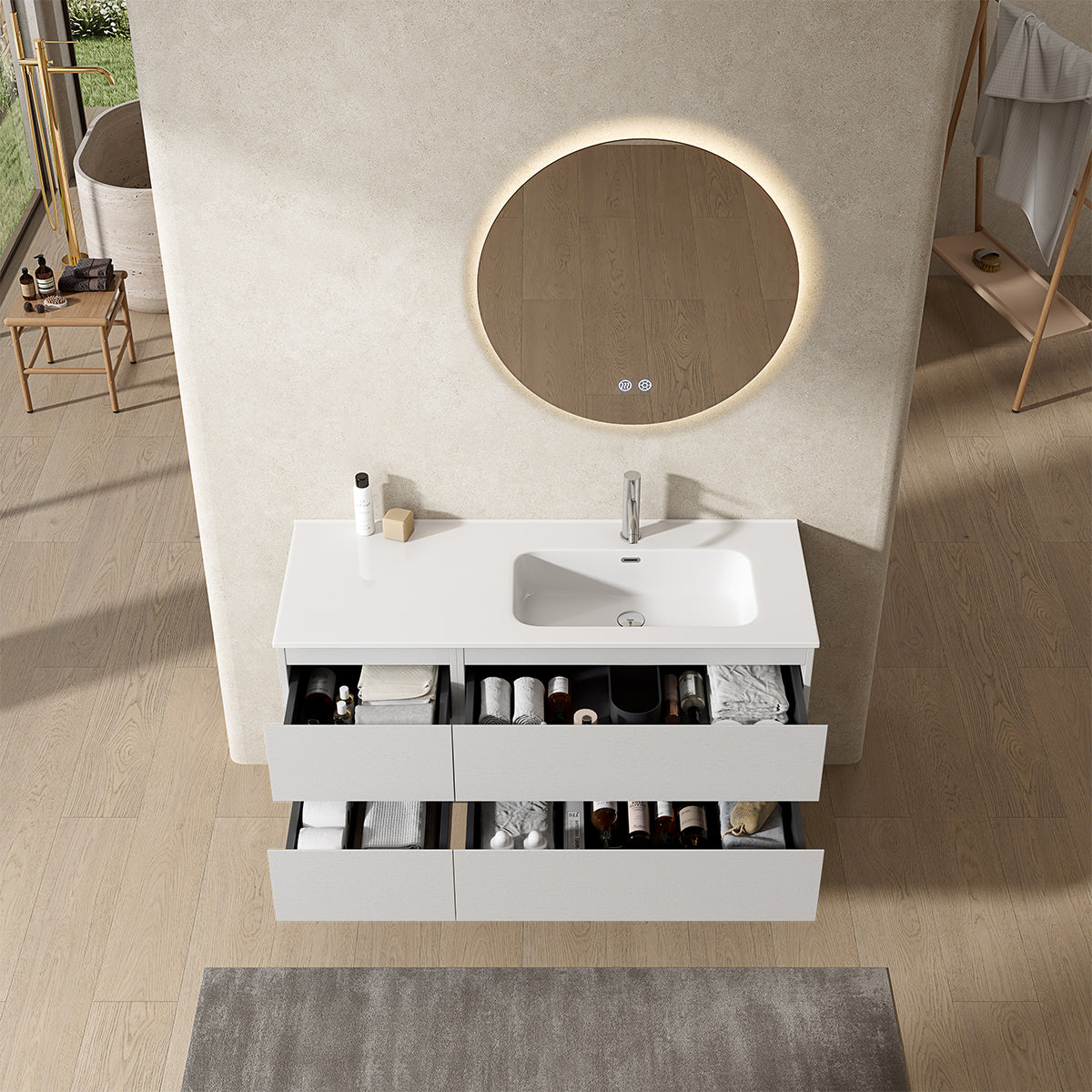 Mobile bagno sospeso 120 cm Bianco Lavabo a Destra in Ceramica Specchio Tondo Retroilluminato - Fiji Wood