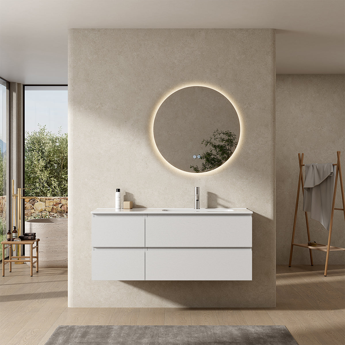Mobile bagno sospeso 120 cm Bianco Lavabo a Destra in Ceramica Specchio Tondo Retroilluminato - Fiji Wood