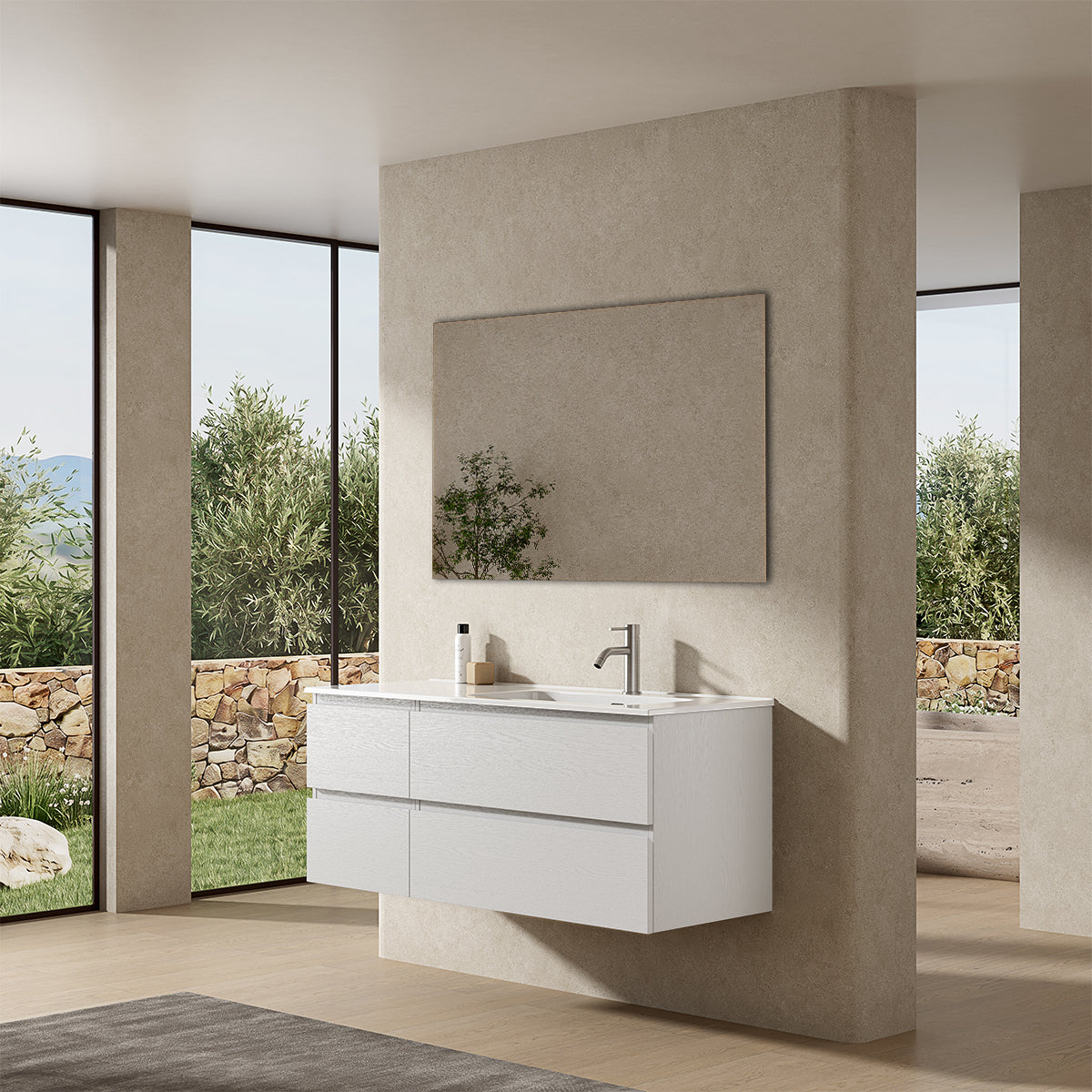 Mobile bagno sospeso 120 cm Bianco Lavabo a Destra in Ceramica Specchio Quadro - Fiji Wood