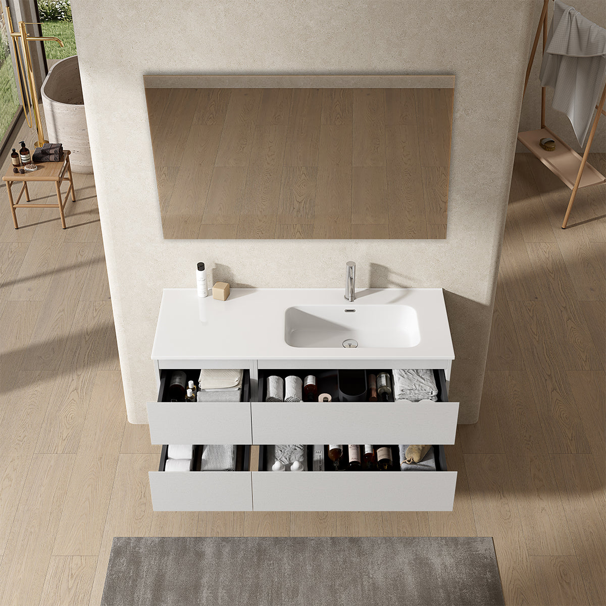 Mobile bagno sospeso 120 cm Bianco Lavabo a Destra in Ceramica Specchio Quadro - Fiji Wood