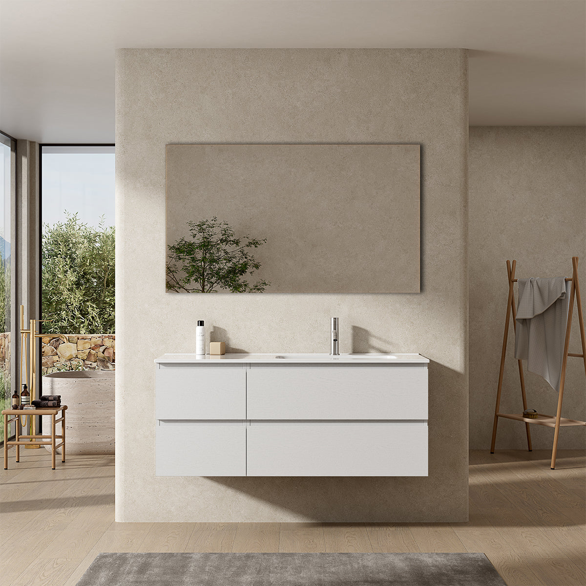 Mobile bagno sospeso 120 cm Bianco Lavabo a Destra in Ceramica Specchio Quadro - Fiji Wood
