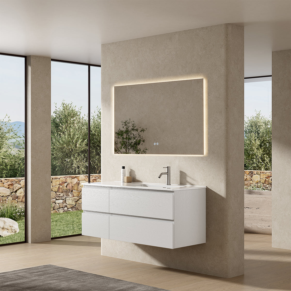 Mobile bagno sospeso 120 cm Bianco Lavabo a Destra in Ceramica Specchio Quadro Retroilluminato - Fiji Wood