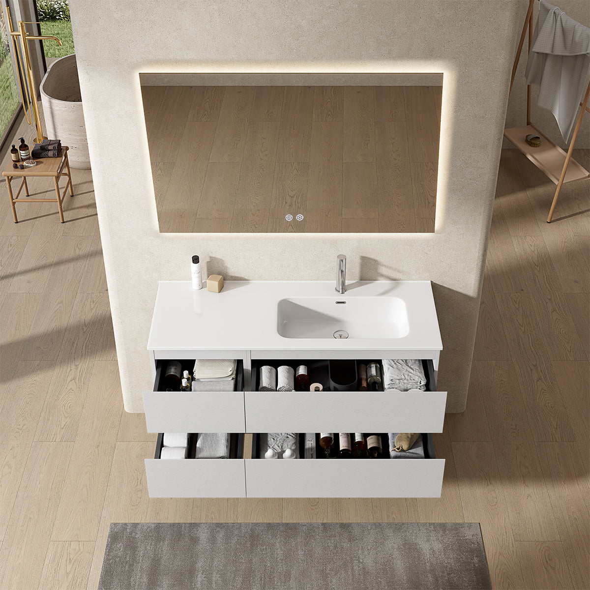 Mobile bagno sospeso 120 cm Bianco Lavabo a Destra in Ceramica Specchio Quadro Retroilluminato - Fiji Wood