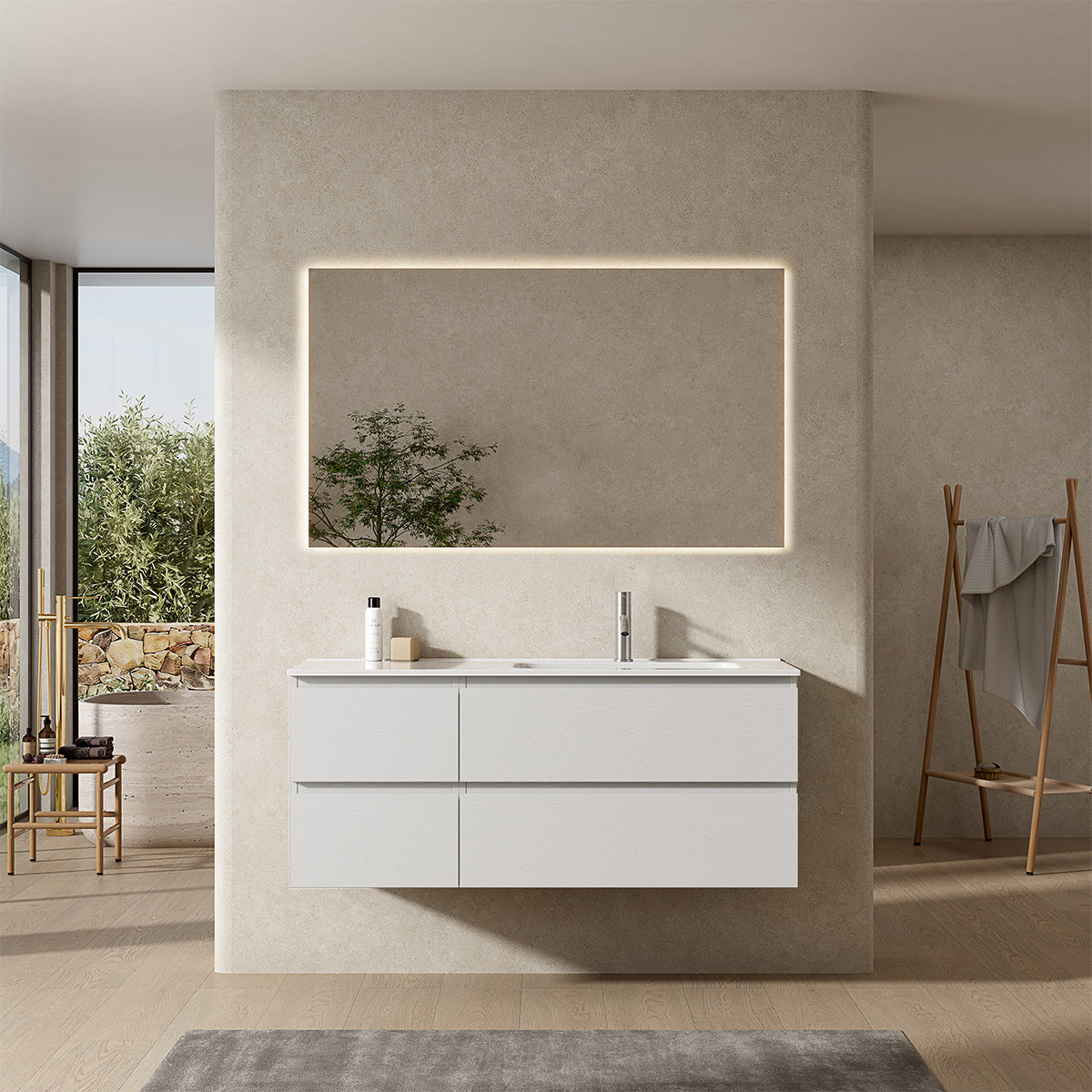 Mobile bagno sospeso 120 cm Bianco Lavabo a Destra in Ceramica Specchio Quadro Retroilluminato - Fiji Wood