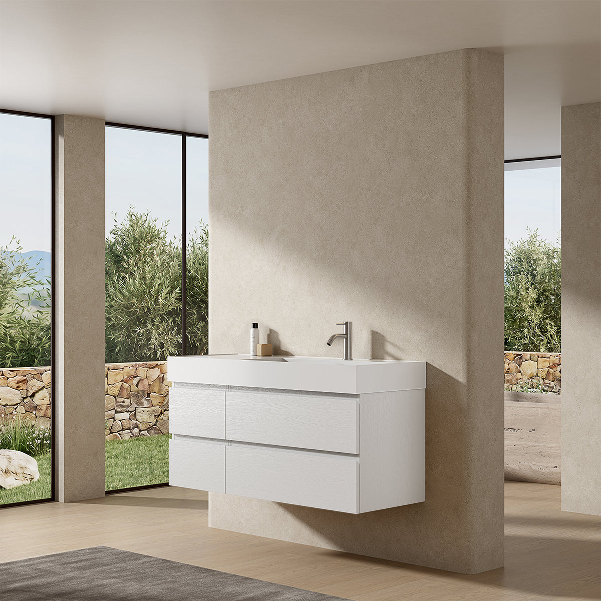 Mobile bagno sospeso 120 cm Bianco Lavabo a Destra in Resina Senza Specchio - Fiji Wood