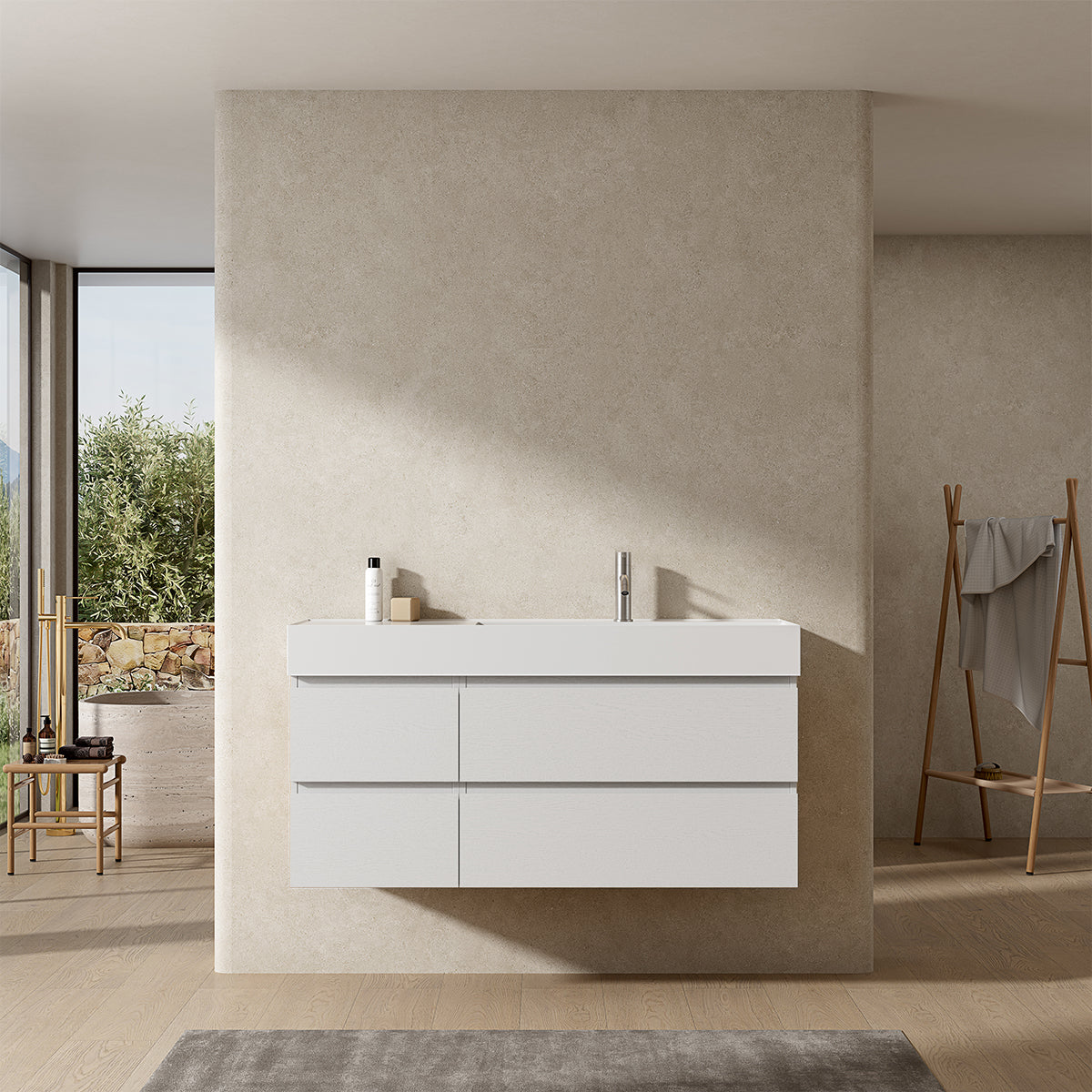 Mobile bagno sospeso 120 cm Bianco Lavabo a Destra in Resina Senza Specchio - Fiji Wood
