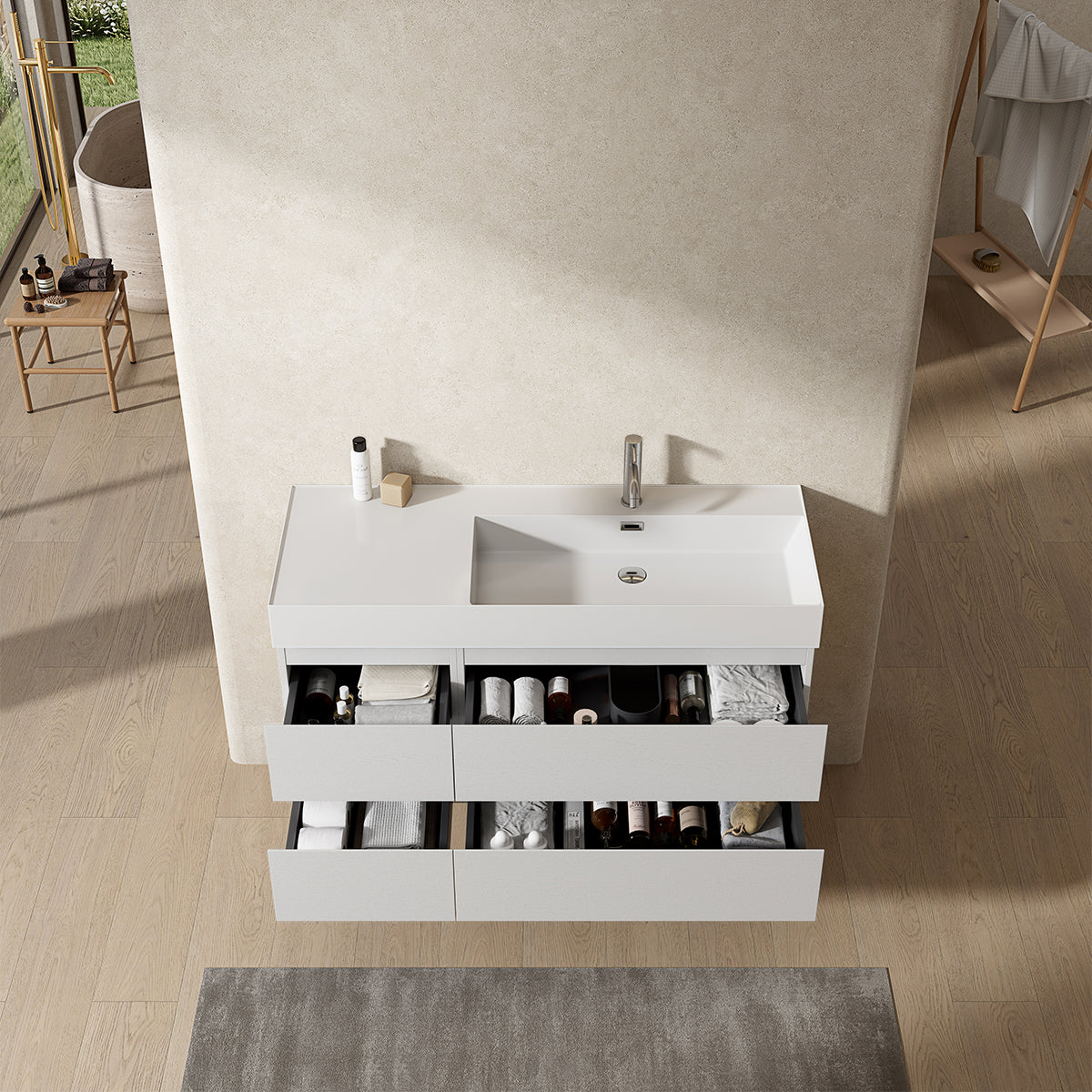 Mobile bagno sospeso 120 cm Bianco Lavabo a Destra in Resina Senza Specchio - Fiji Wood