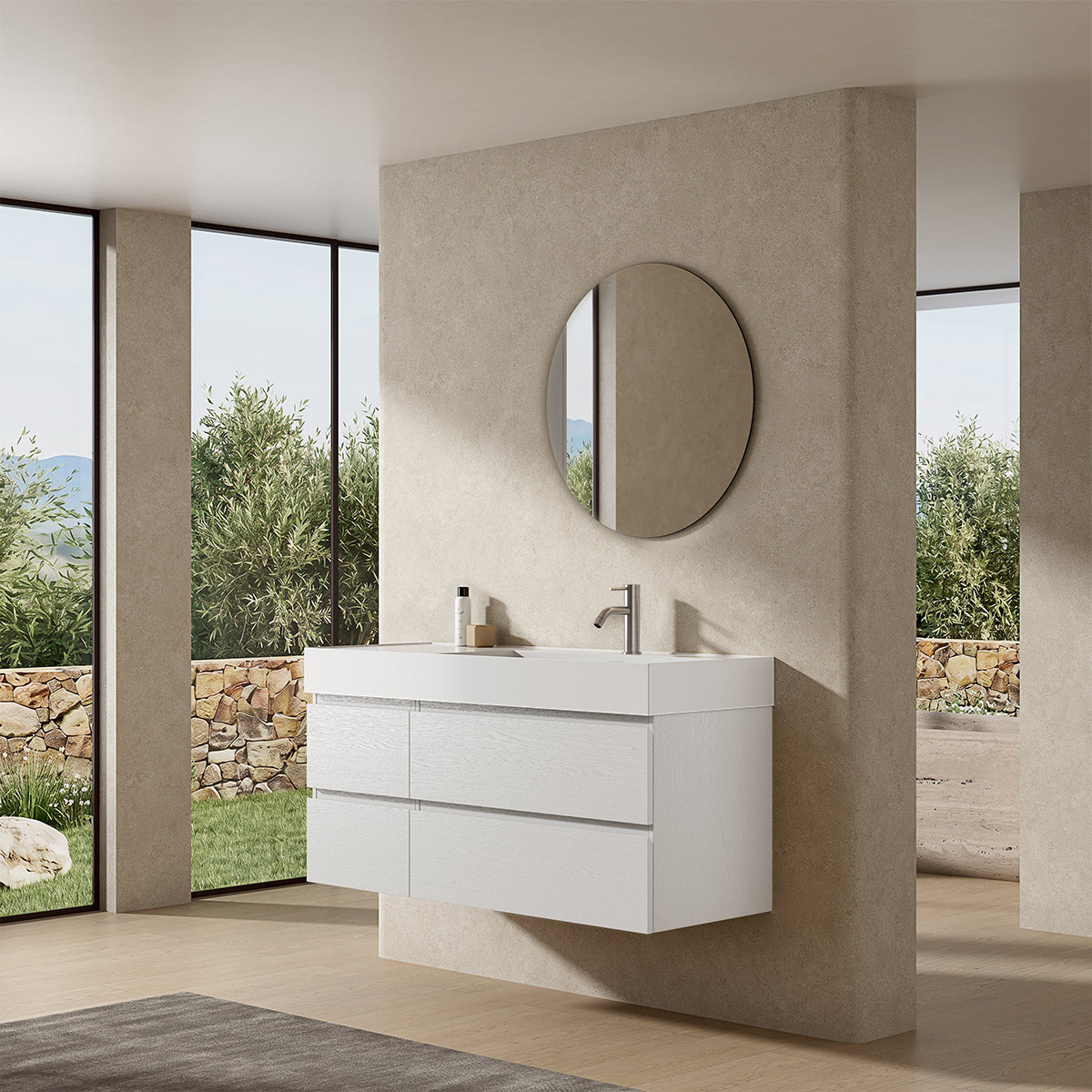 Mobile bagno sospeso 120 cm Bianco Lavabo a Destra in Resina Specchio Tondo - Fiji Wood