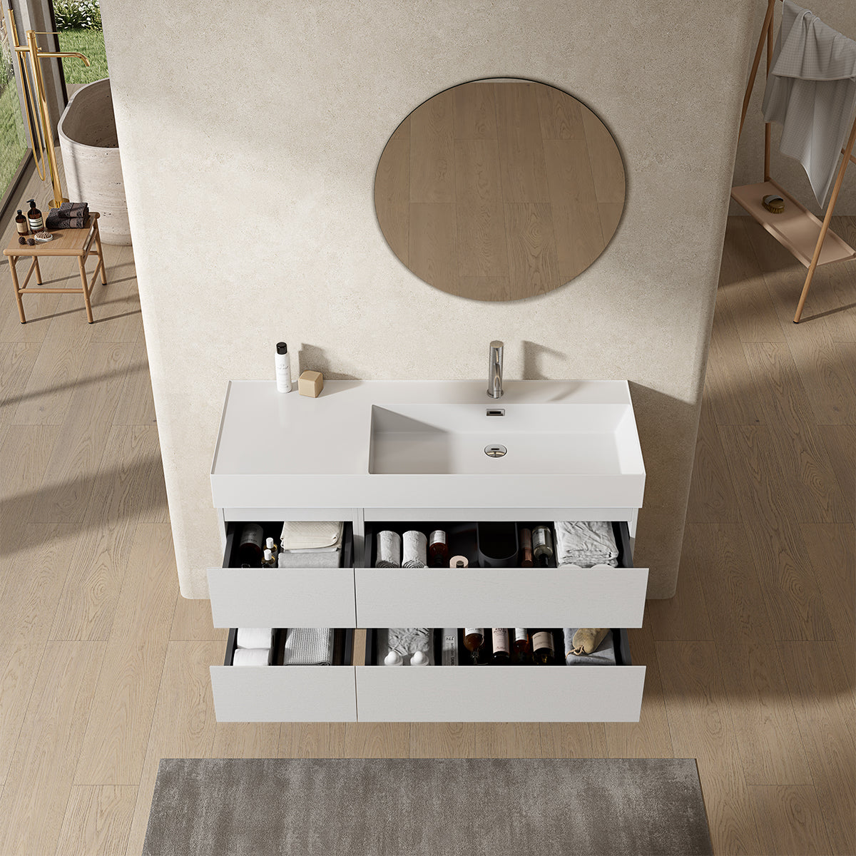 Mobile bagno sospeso 120 cm Bianco Lavabo a Destra in Resina Specchio Tondo - Fiji Wood