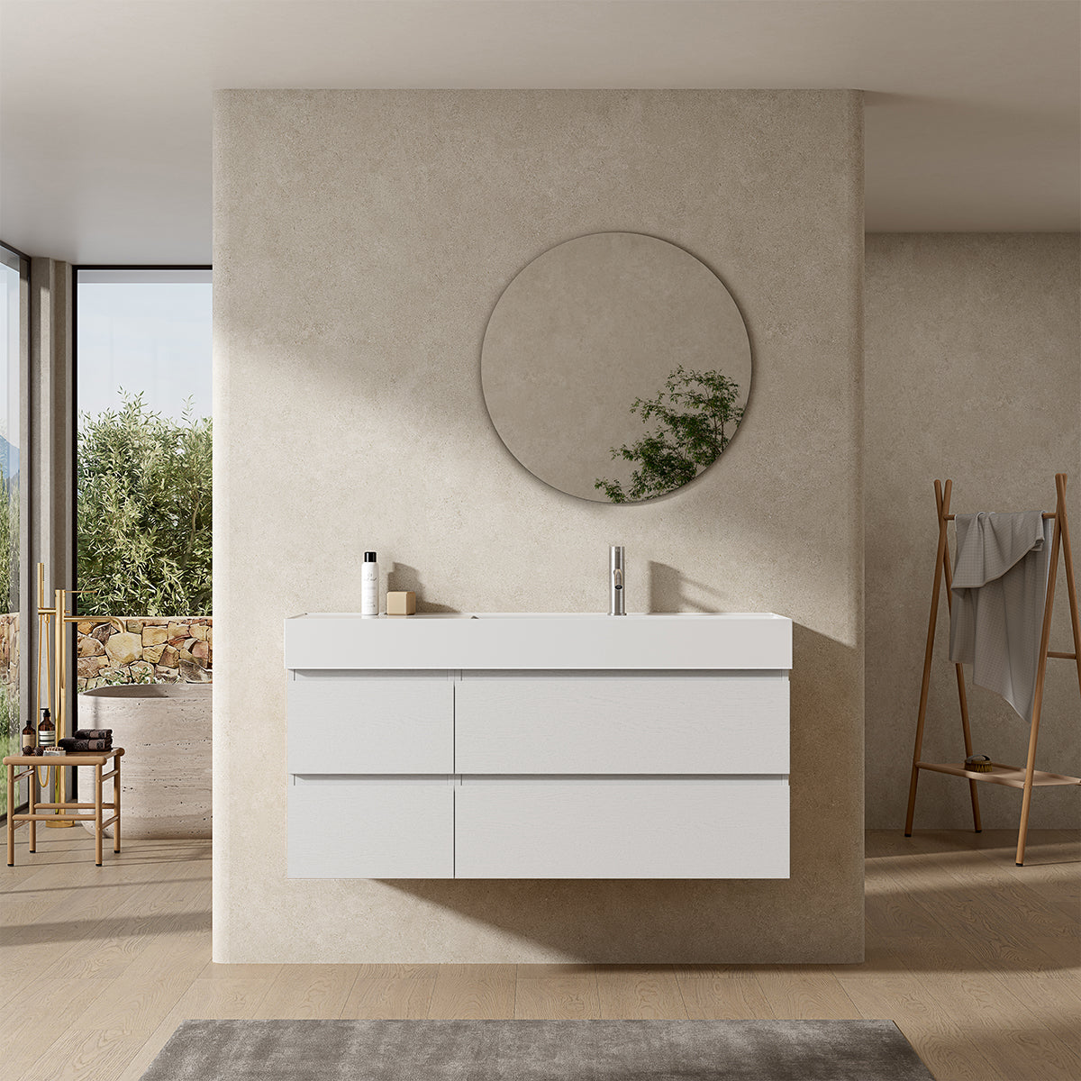 Mobile bagno sospeso 120 cm Bianco Lavabo a Destra in Resina Specchio Tondo - Fiji Wood
