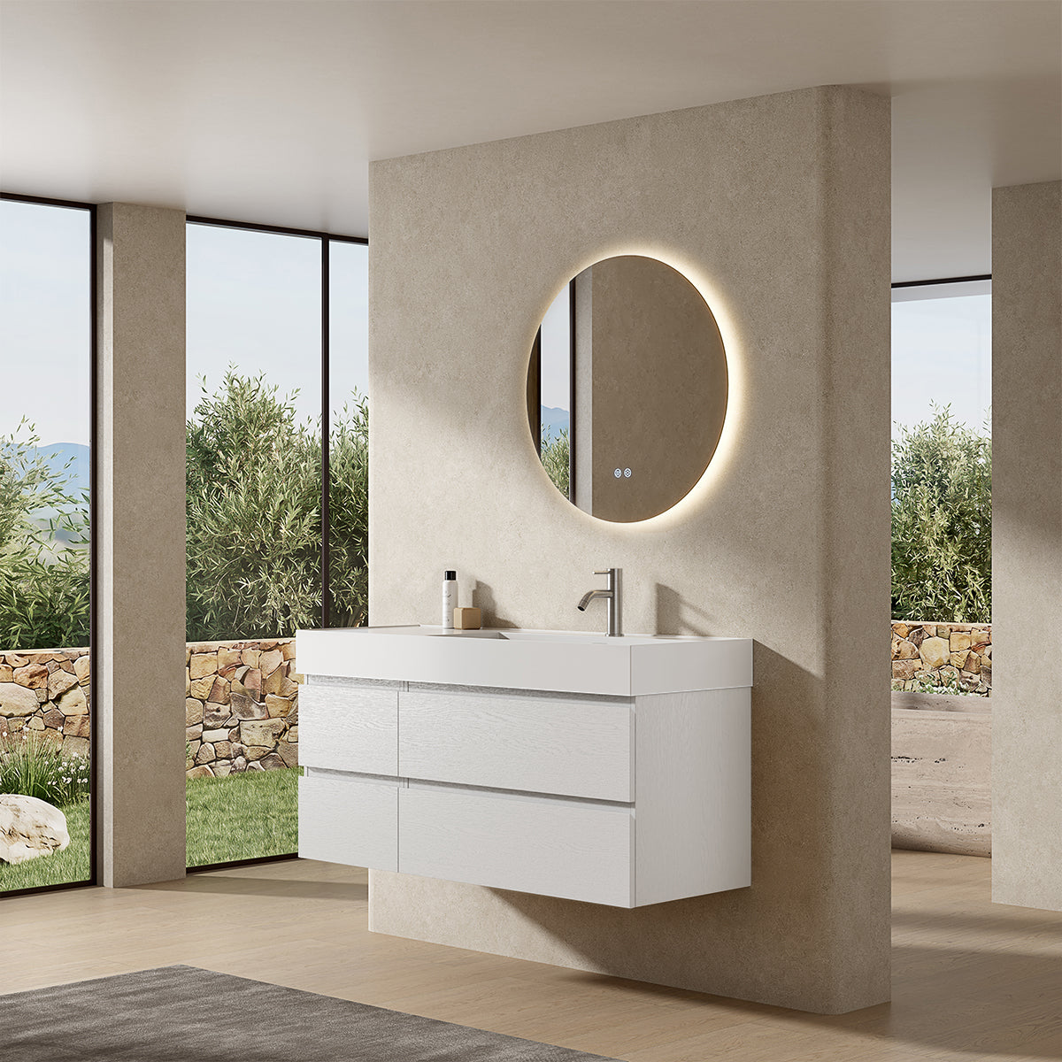 Mobile bagno sospeso 120 cm Bianco Lavabo a Destra in Resina Specchio Tondo Retroilluminato - Fiji Wood