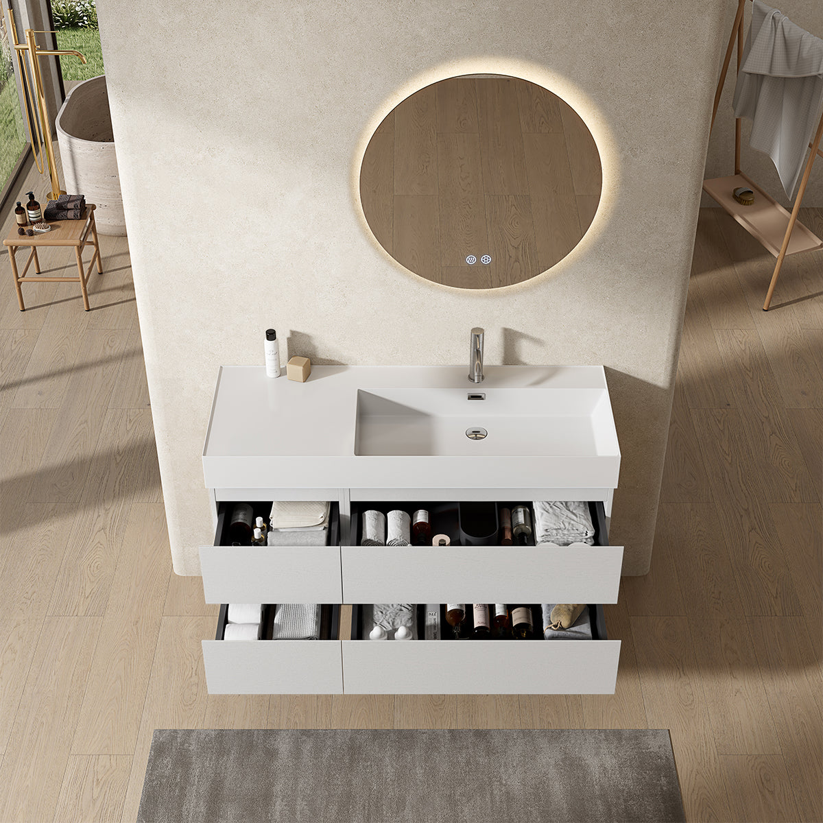 Mobile bagno sospeso 120 cm Bianco Lavabo a Destra in Resina Specchio Tondo Retroilluminato - Fiji Wood