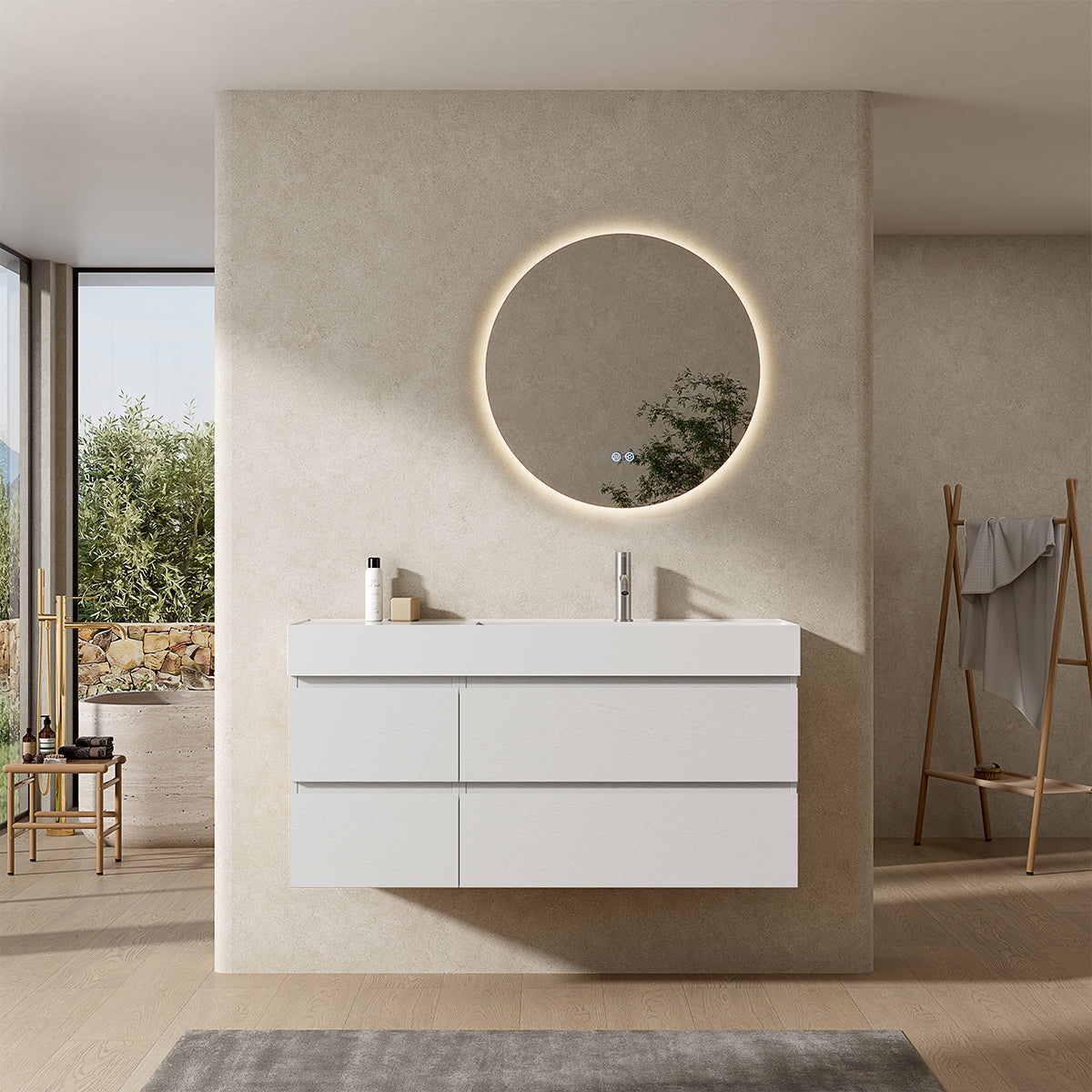 Mobile bagno sospeso 120 cm Bianco Lavabo a Destra in Resina Specchio Tondo Retroilluminato - Fiji Wood