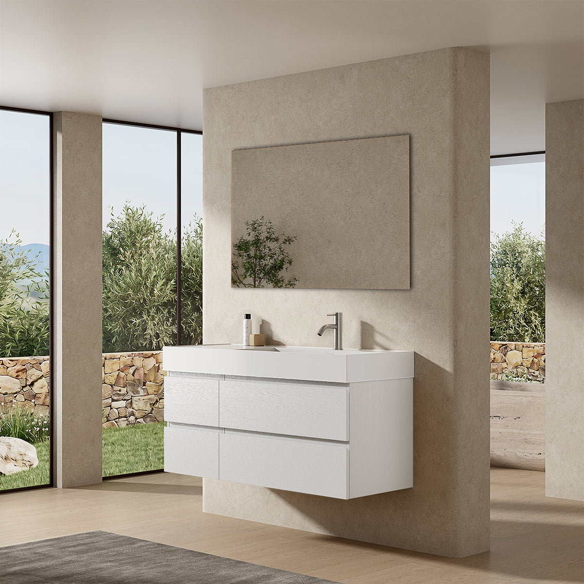 Mobile bagno sospeso 120 cm Bianco Lavabo a Destra in Resina Specchio Quadro - Fiji Wood