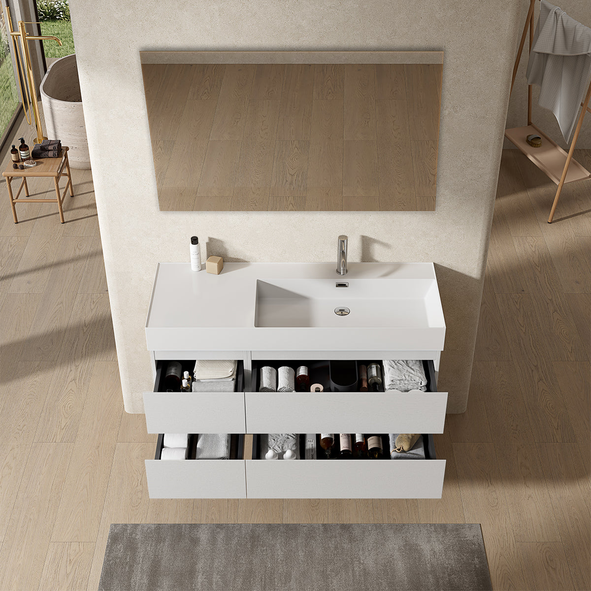 Mobile bagno sospeso 120 cm Bianco Lavabo a Destra in Resina Specchio Quadro - Fiji Wood