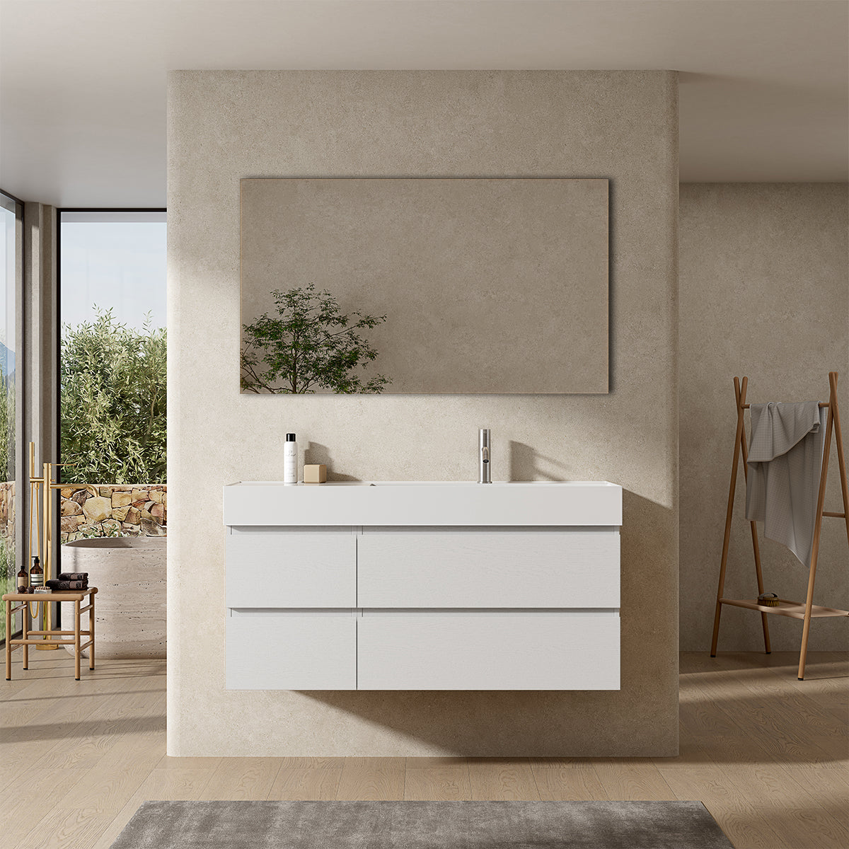 Mobile bagno sospeso 120 cm Bianco Lavabo a Destra in Resina Specchio Quadro - Fiji Wood