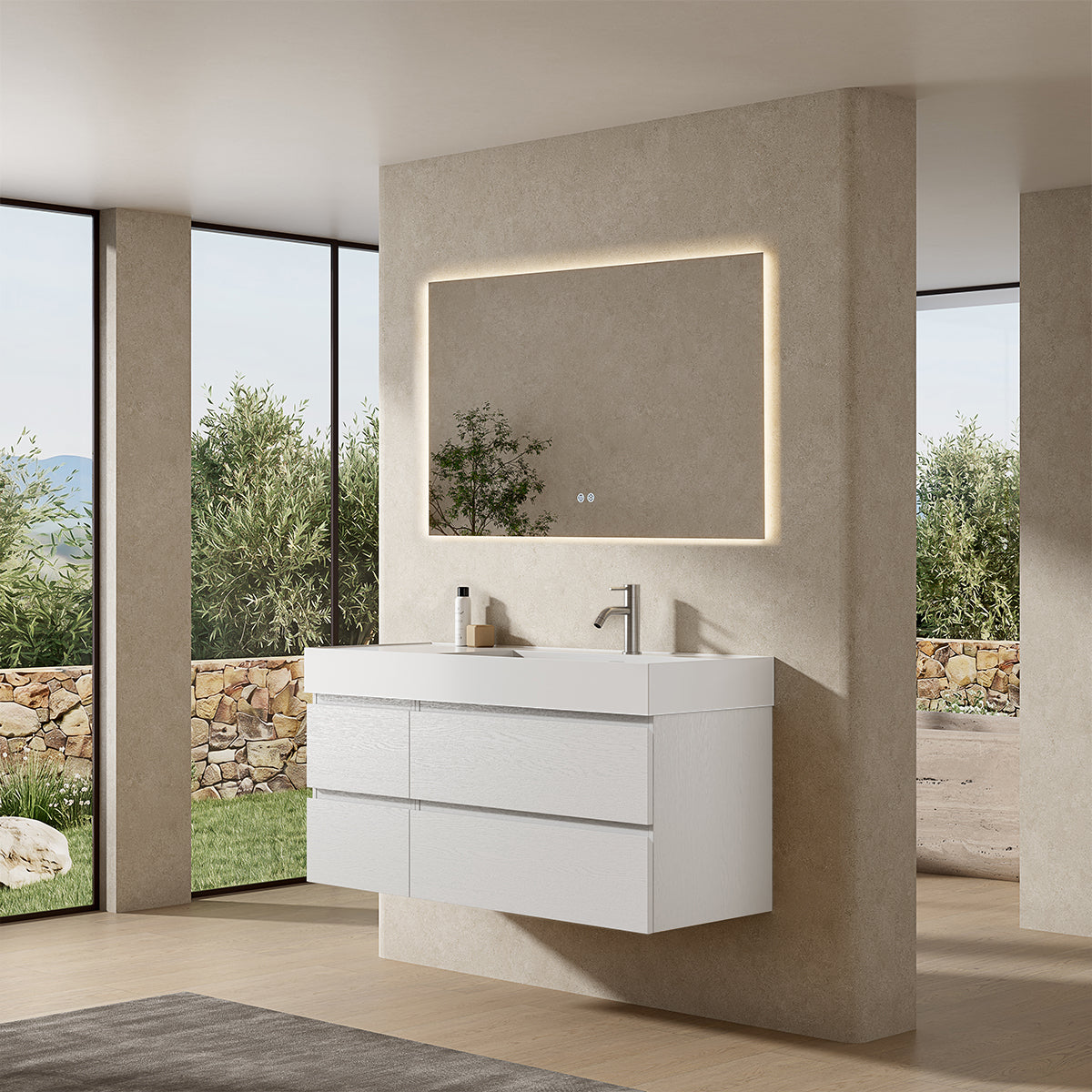 Mobile bagno sospeso 120 cm Bianco Lavabo a Destra in Resina Specchio Quadro Retroilluminato - Fiji Wood