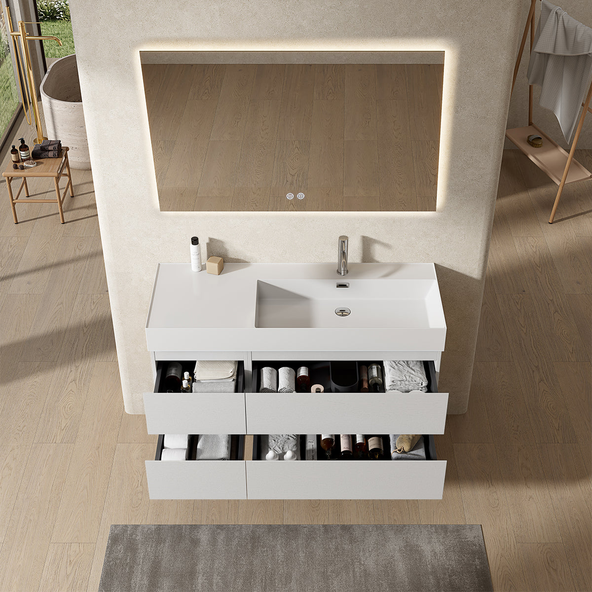 Mobile bagno sospeso 120 cm Bianco Lavabo a Destra in Resina Specchio Quadro Retroilluminato - Fiji Wood