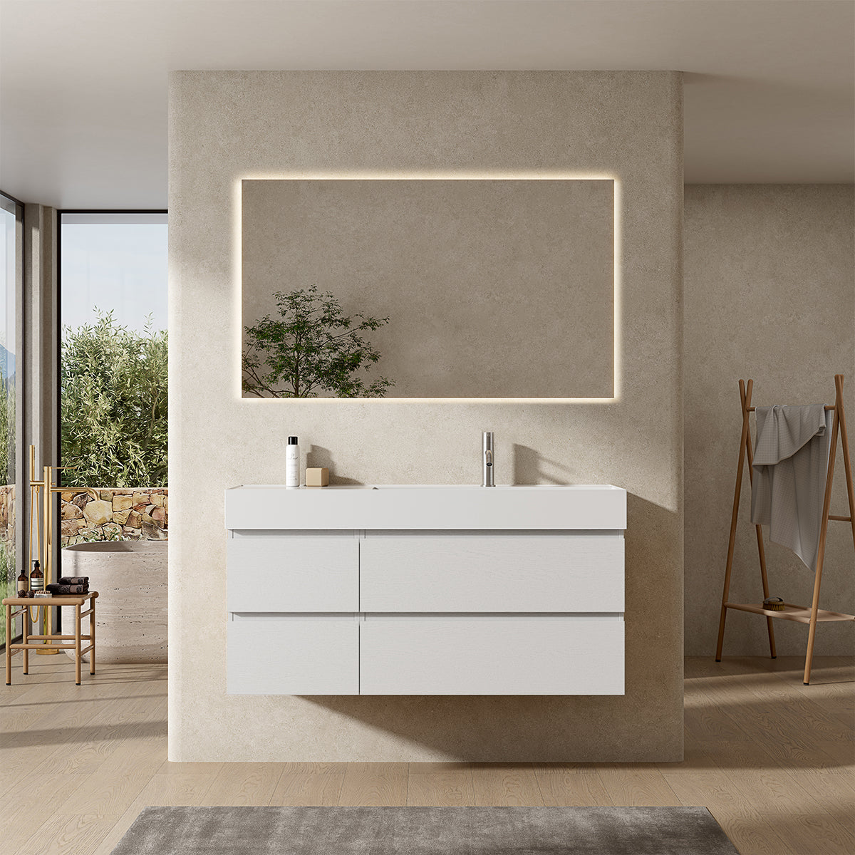 Mobile bagno sospeso 120 cm Bianco Lavabo a Destra in Resina Specchio Quadro Retroilluminato - Fiji Wood