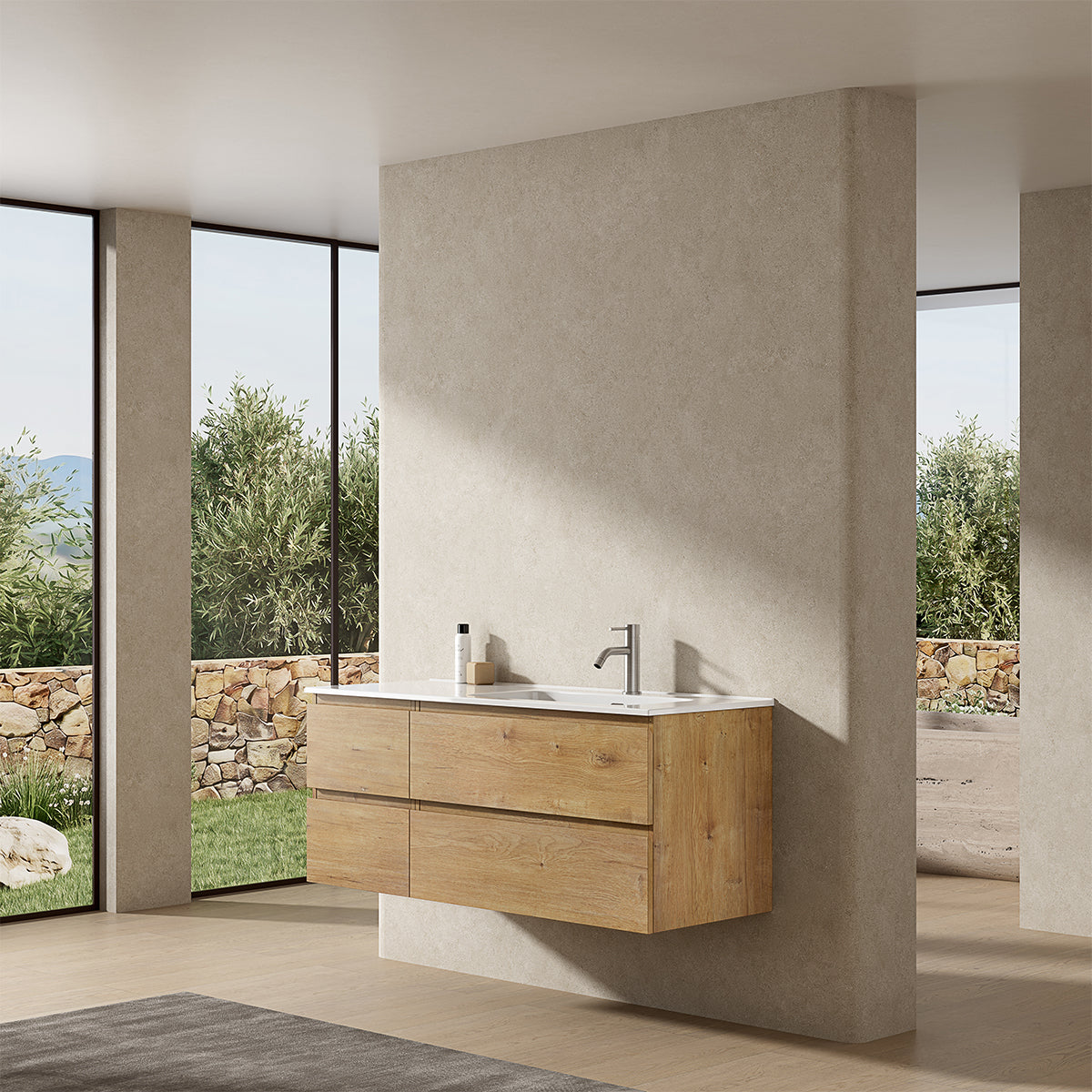 Mobile bagno sospeso 120 cm Bruno Medio Lavabo a Destra in Ceramica Senza Specchio - Fiji Wood