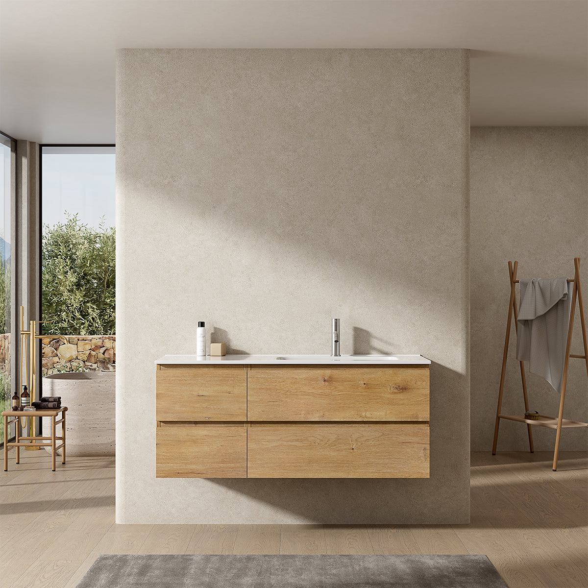 Mobile bagno sospeso 120 cm Bruno Medio Lavabo a Destra in Ceramica Senza Specchio - Fiji Wood