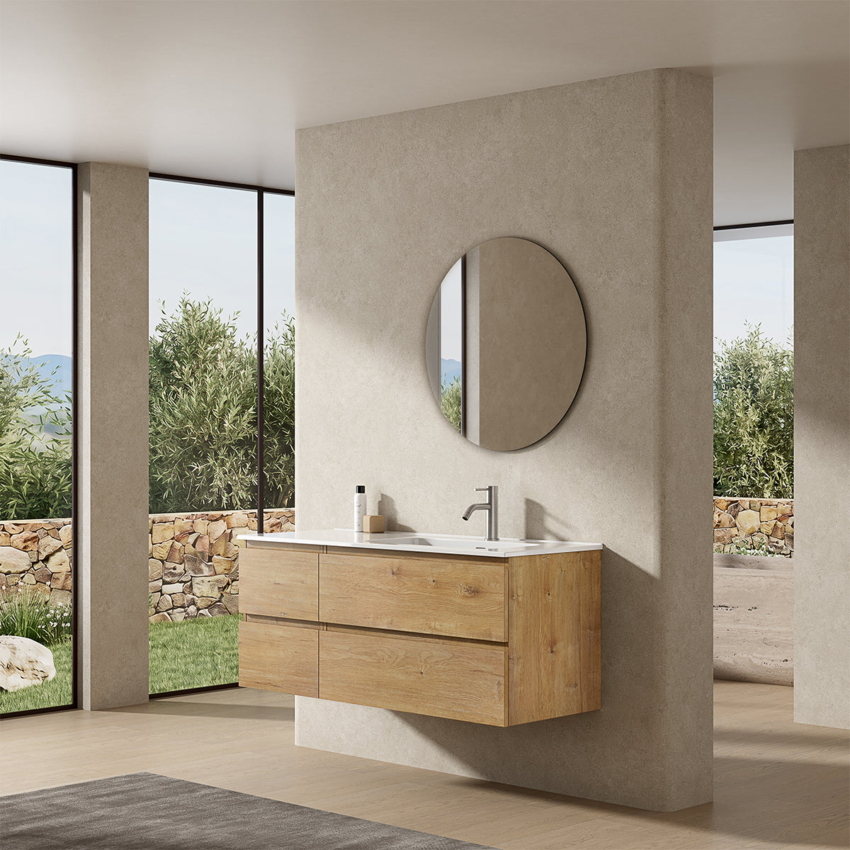 Mobile bagno sospeso 120 cm Bruno Medio Lavabo a Destra in Ceramica Specchio Tondo - Fiji Wood