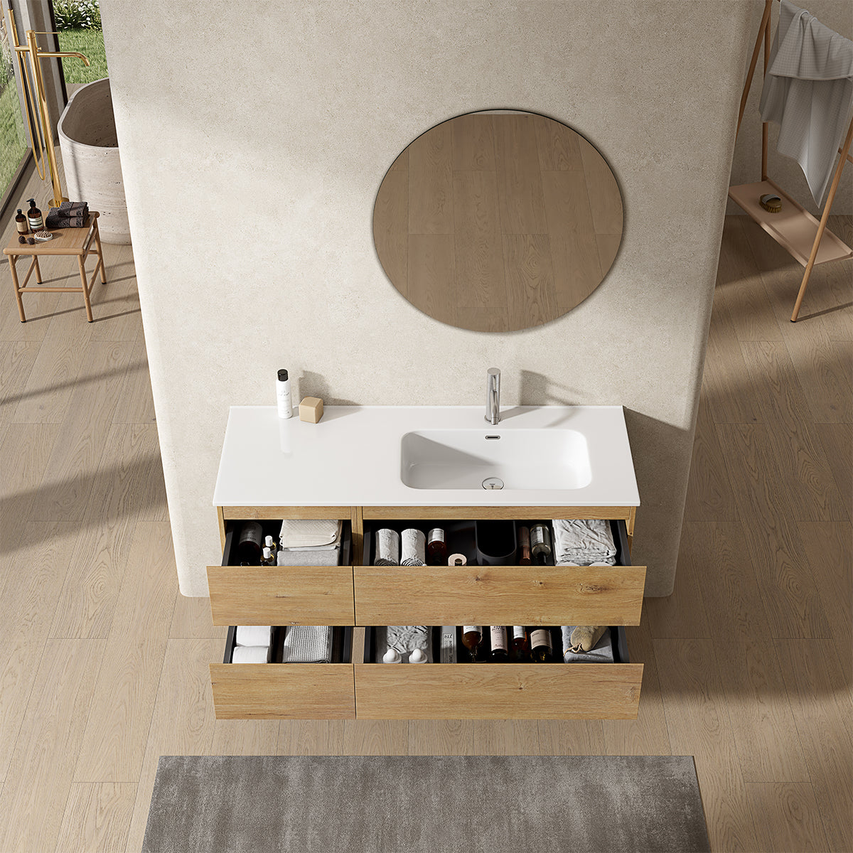 Mobile bagno sospeso 120 cm Bruno Medio Lavabo a Destra in Ceramica Specchio Tondo - Fiji Wood