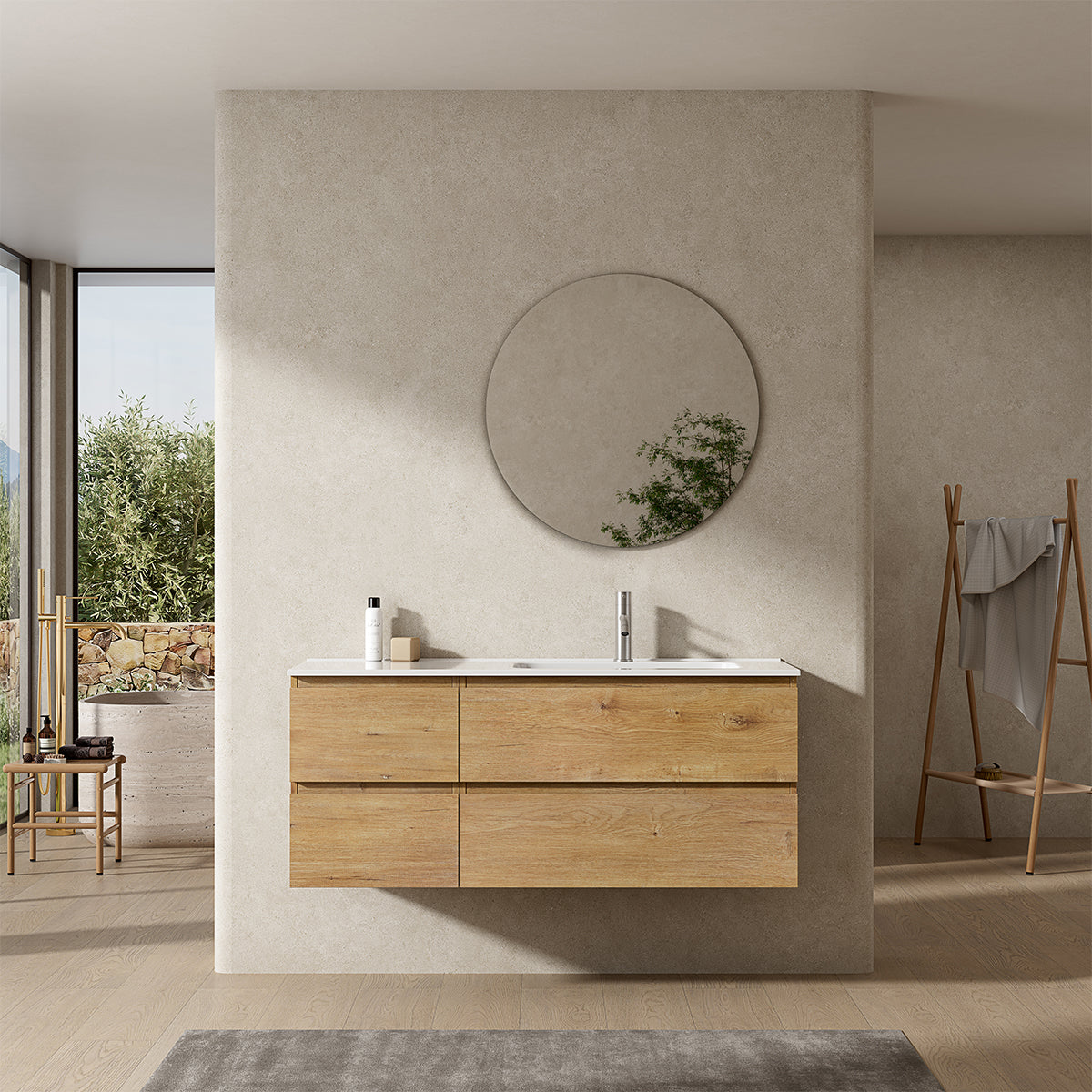 Mobile bagno sospeso 120 cm Bruno Medio Lavabo a Destra in Ceramica Specchio Tondo - Fiji Wood