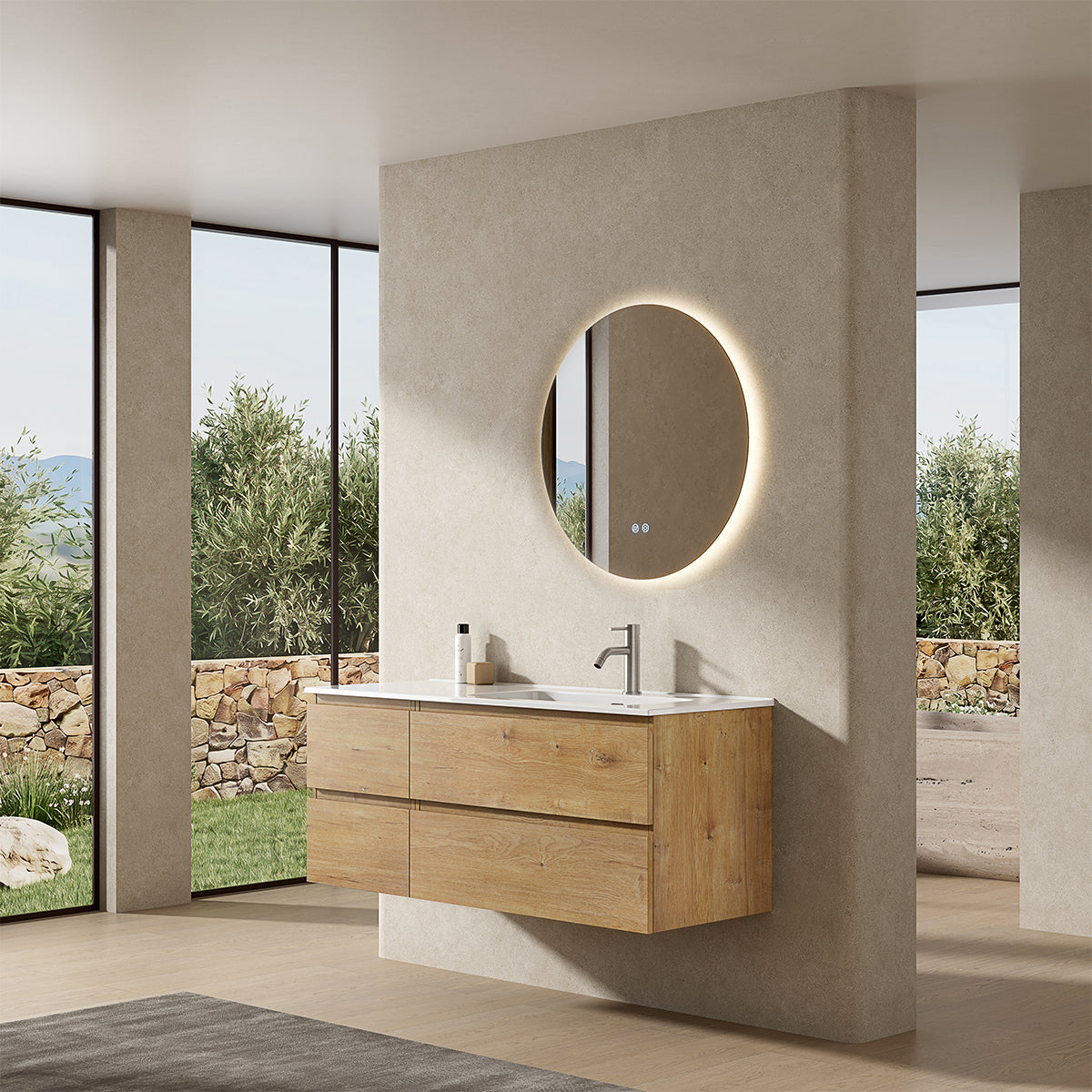 Mobile bagno sospeso 120 cm Bruno Medio Lavabo a Destra in Ceramica Specchio Tondo Retroilluminato - Fiji Wood