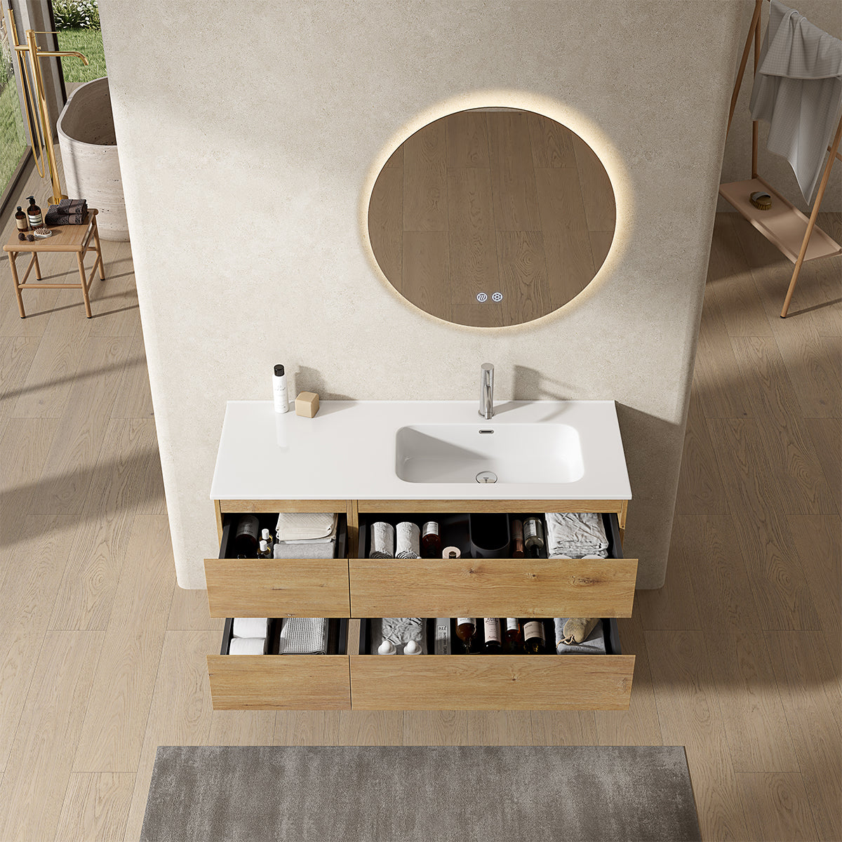 Mobile bagno sospeso 120 cm Bruno Medio Lavabo a Destra in Ceramica Specchio Tondo Retroilluminato - Fiji Wood