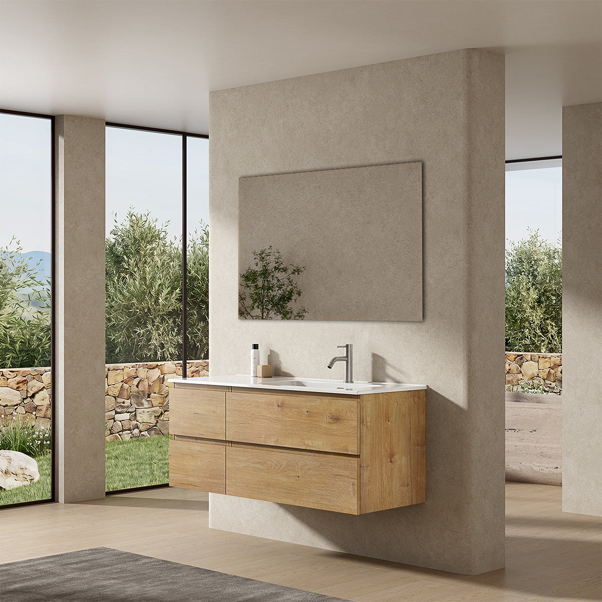 Mobile bagno sospeso 120 cm Bruno Medio Lavabo a Destra in Ceramica Specchio Quadro - Fiji Wood