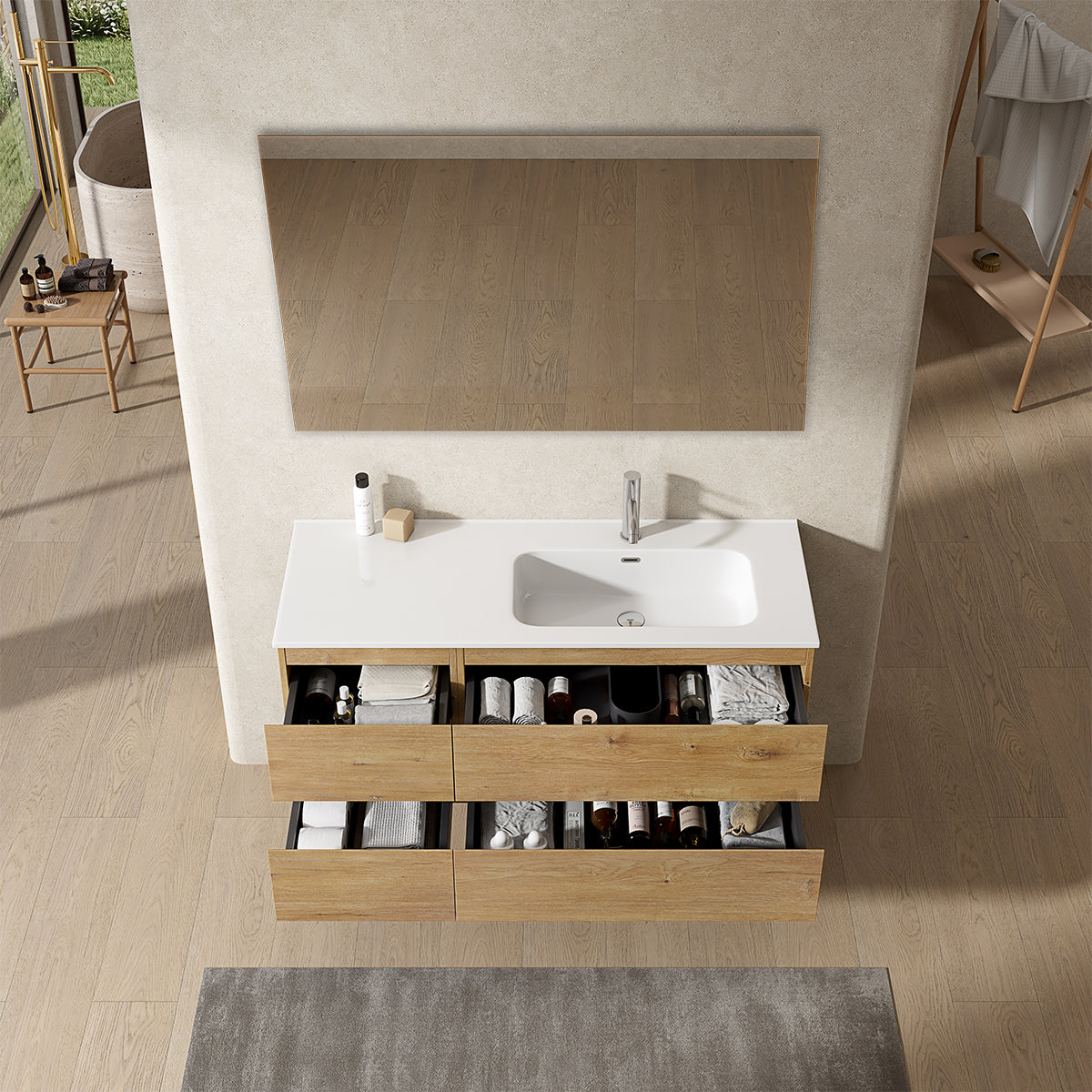 Mobile bagno sospeso 120 cm Bruno Medio Lavabo a Destra in Ceramica Specchio Quadro - Fiji Wood