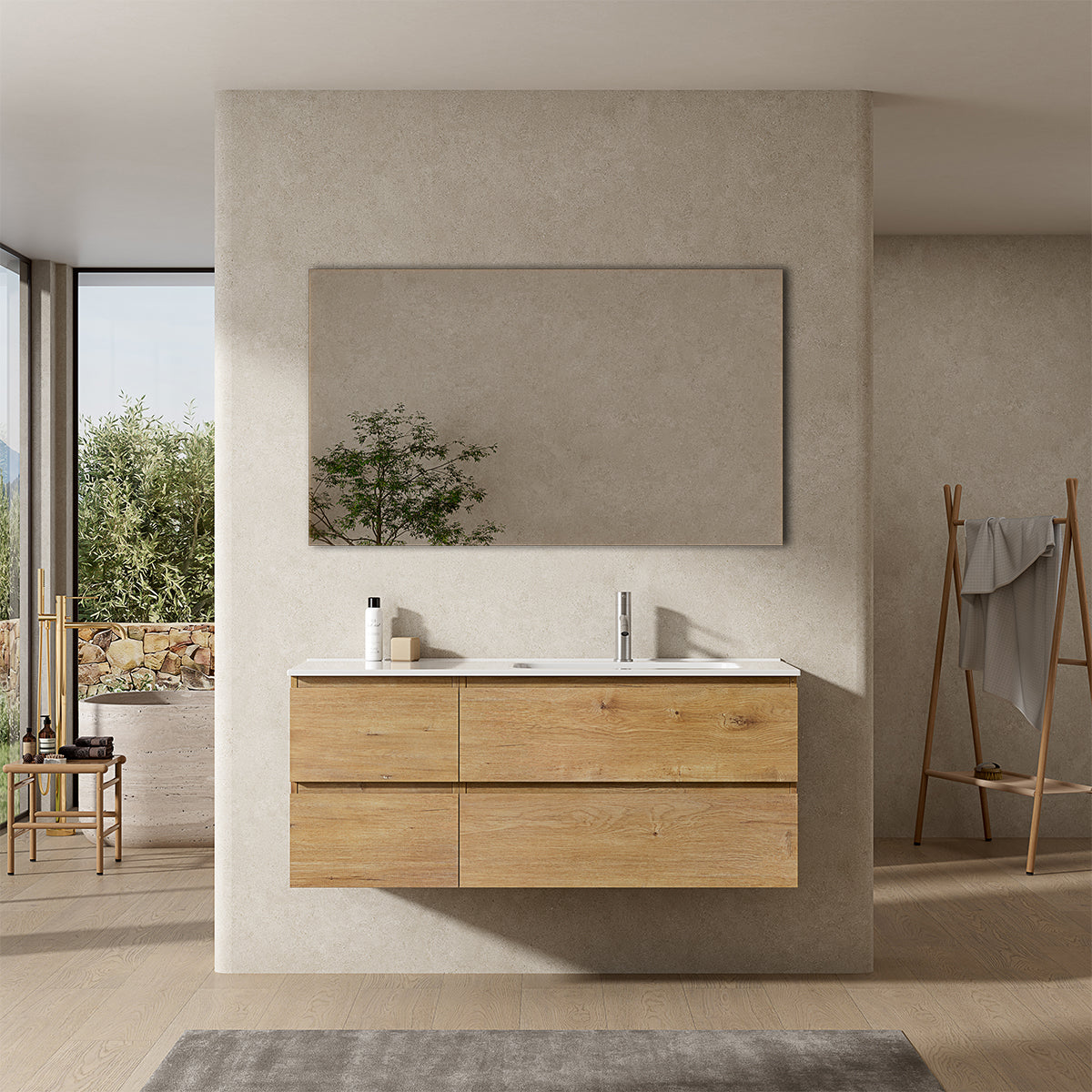 Mobile bagno sospeso 120 cm Bruno Medio Lavabo a Destra in Ceramica Specchio Quadro - Fiji Wood
