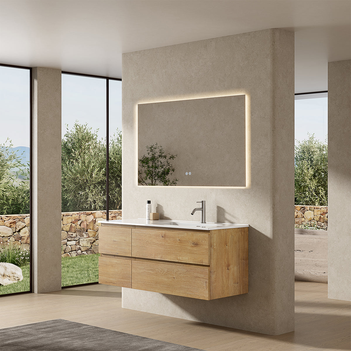 Mobile bagno sospeso 120 cm Bruno Medio Lavabo a Destra in Ceramica Specchio Quadro Retroilluminato - Fiji Wood