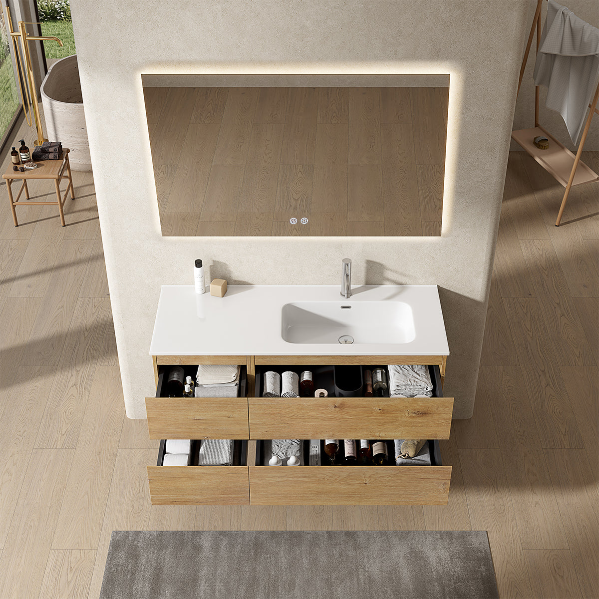 Mobile bagno sospeso 120 cm Bruno Medio Lavabo a Destra in Ceramica Specchio Quadro Retroilluminato - Fiji Wood