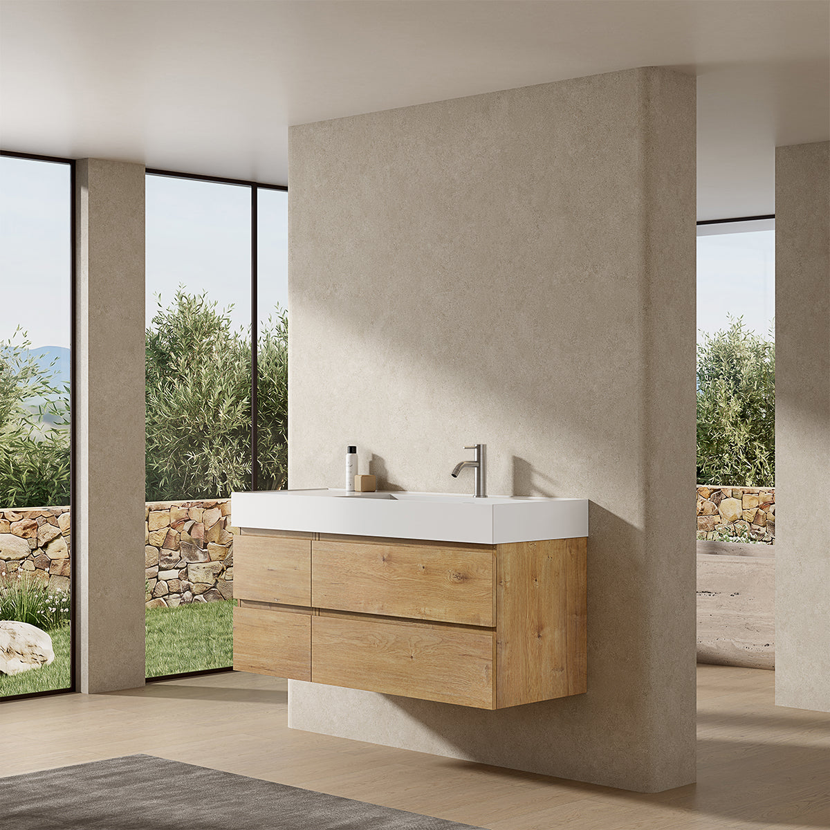 Mobile bagno sospeso 120 cm Bruno Medio Lavabo a Destra in Resina Senza Specchio - Fiji Wood