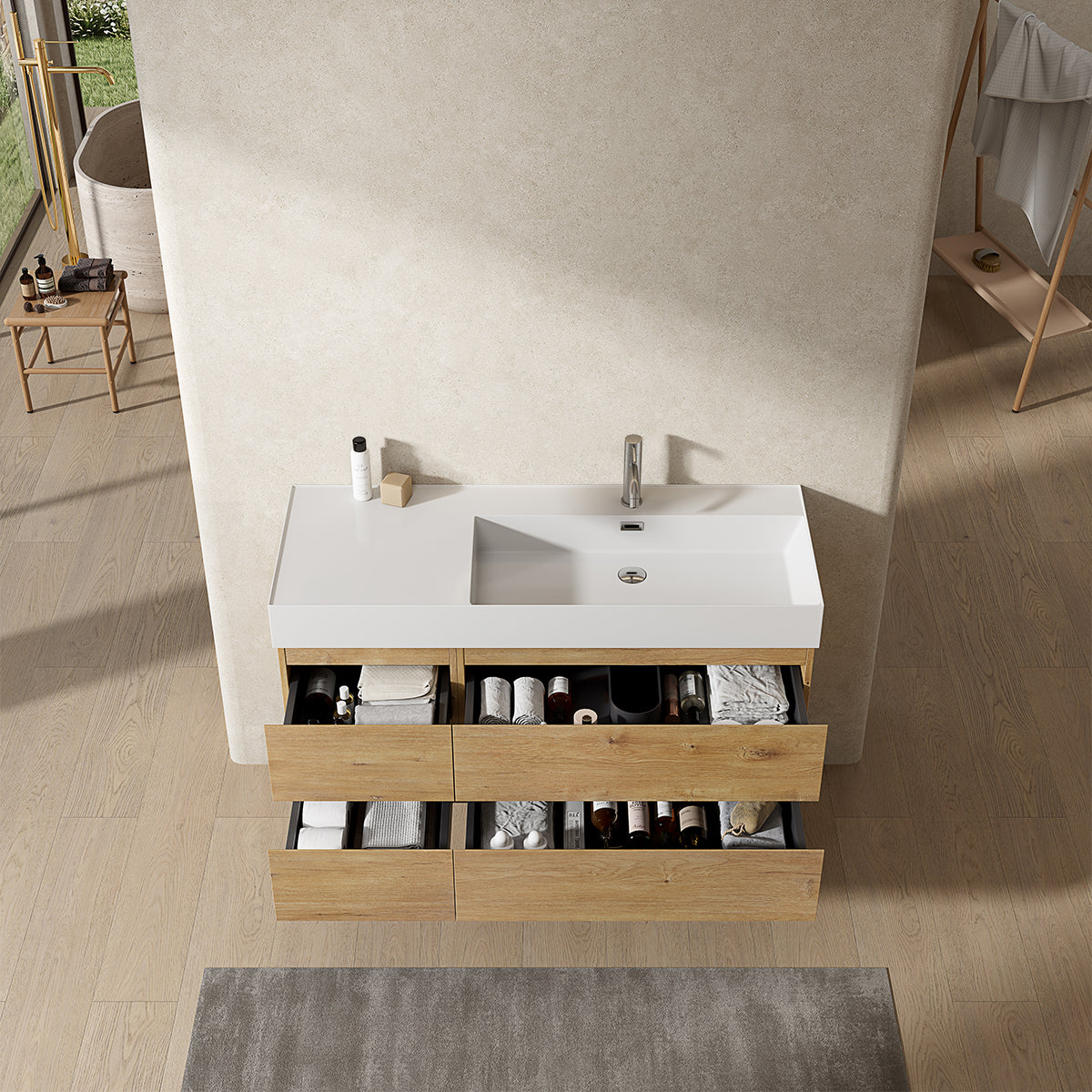 Mobile bagno sospeso 120 cm Bruno Medio Lavabo a Destra in Resina Senza Specchio - Fiji Wood