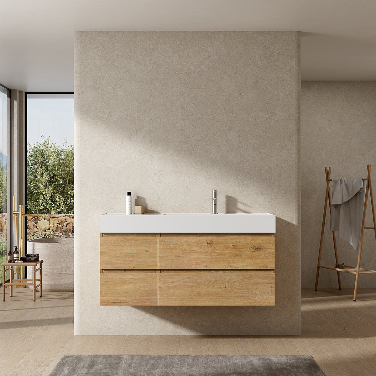 Mobile bagno sospeso 120 cm Bruno Medio Lavabo a Destra in Resina Senza Specchio - Fiji Wood