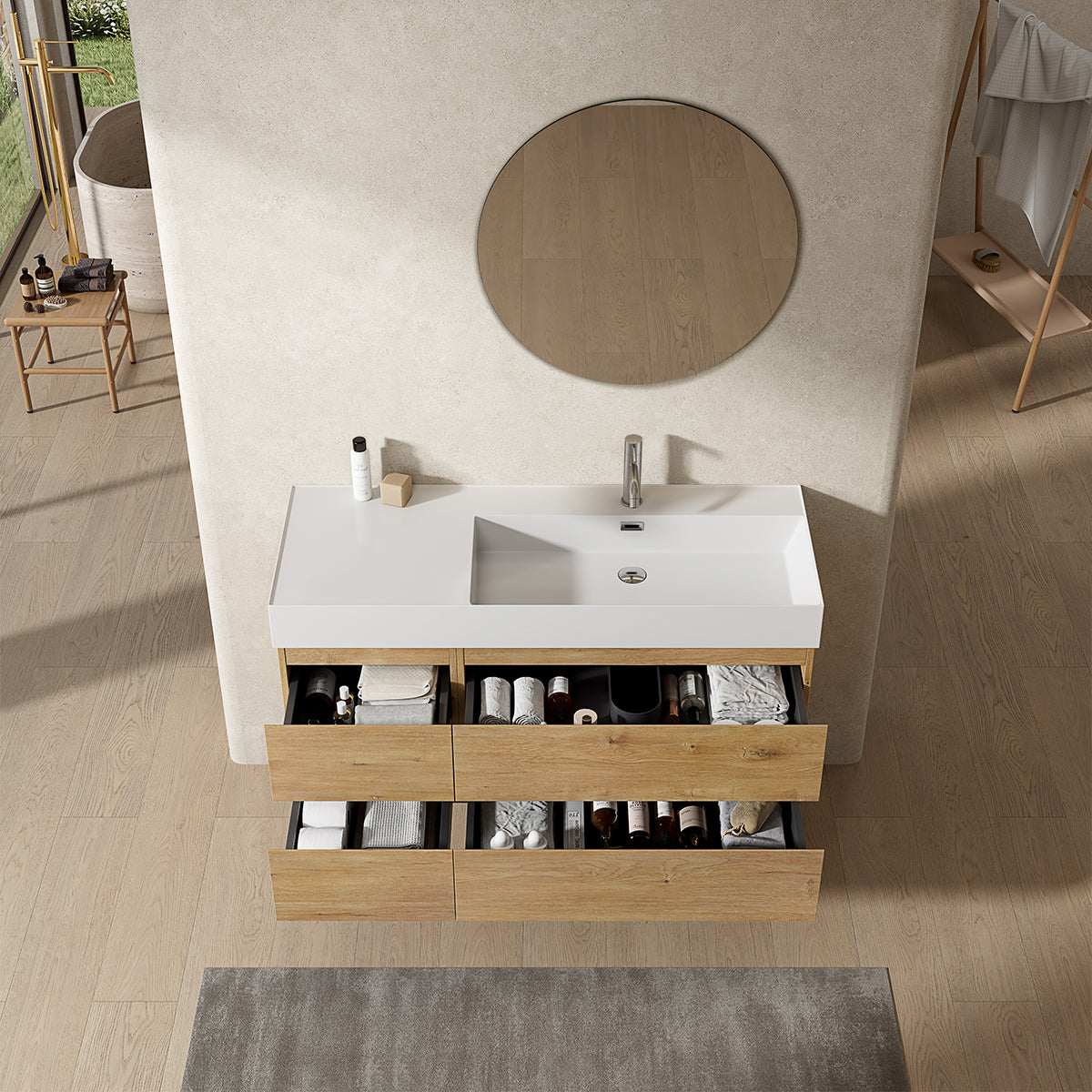 Mobile bagno sospeso 120 cm Bruno Medio Lavabo a Destra in Resina Specchio Tondo - Fiji Wood