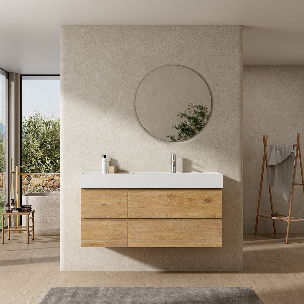 Mobile bagno sospeso 120 cm Bruno Medio Lavabo a Destra in Resina Specchio Tondo - Fiji Wood