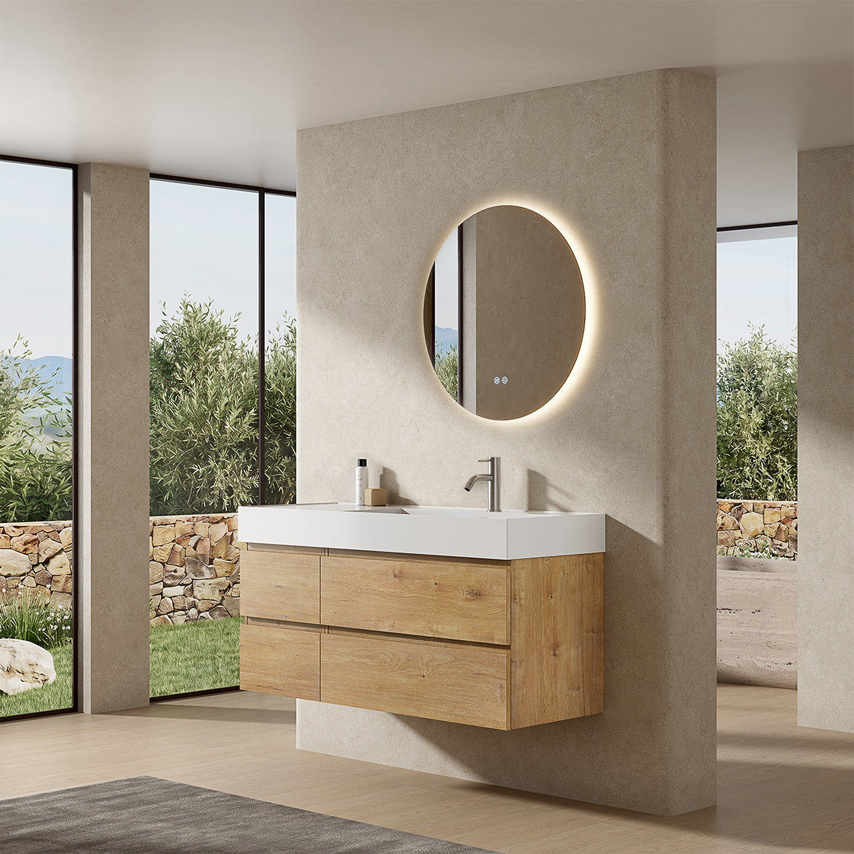 Mobile bagno sospeso 120 cm Bruno Medio Lavabo a Destra in Resina Specchio Tondo Retroilluminato - Fiji Wood