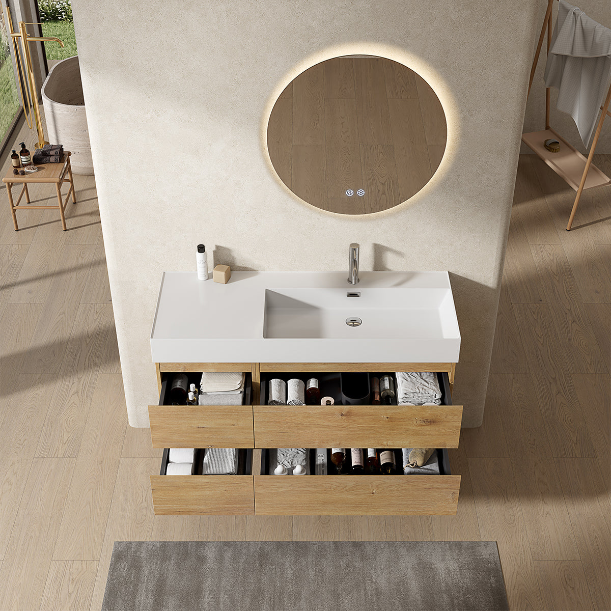 Mobile bagno sospeso 120 cm Bruno Medio Lavabo a Destra in Resina Specchio Tondo Retroilluminato - Fiji Wood