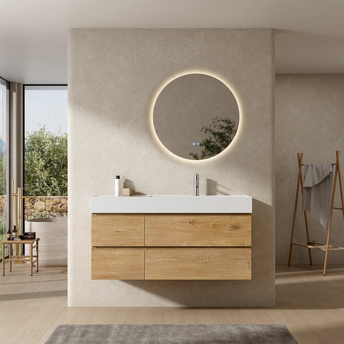 Mobile bagno sospeso 120 cm Bruno Medio Lavabo a Destra in Resina Specchio Tondo Retroilluminato - Fiji Wood