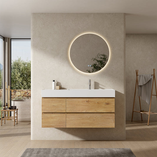 Mobile bagno sospeso 120 cm Bruno Medio Lavabo a Destra in Resina Specchio Tondo Retroilluminato - Fiji Wood