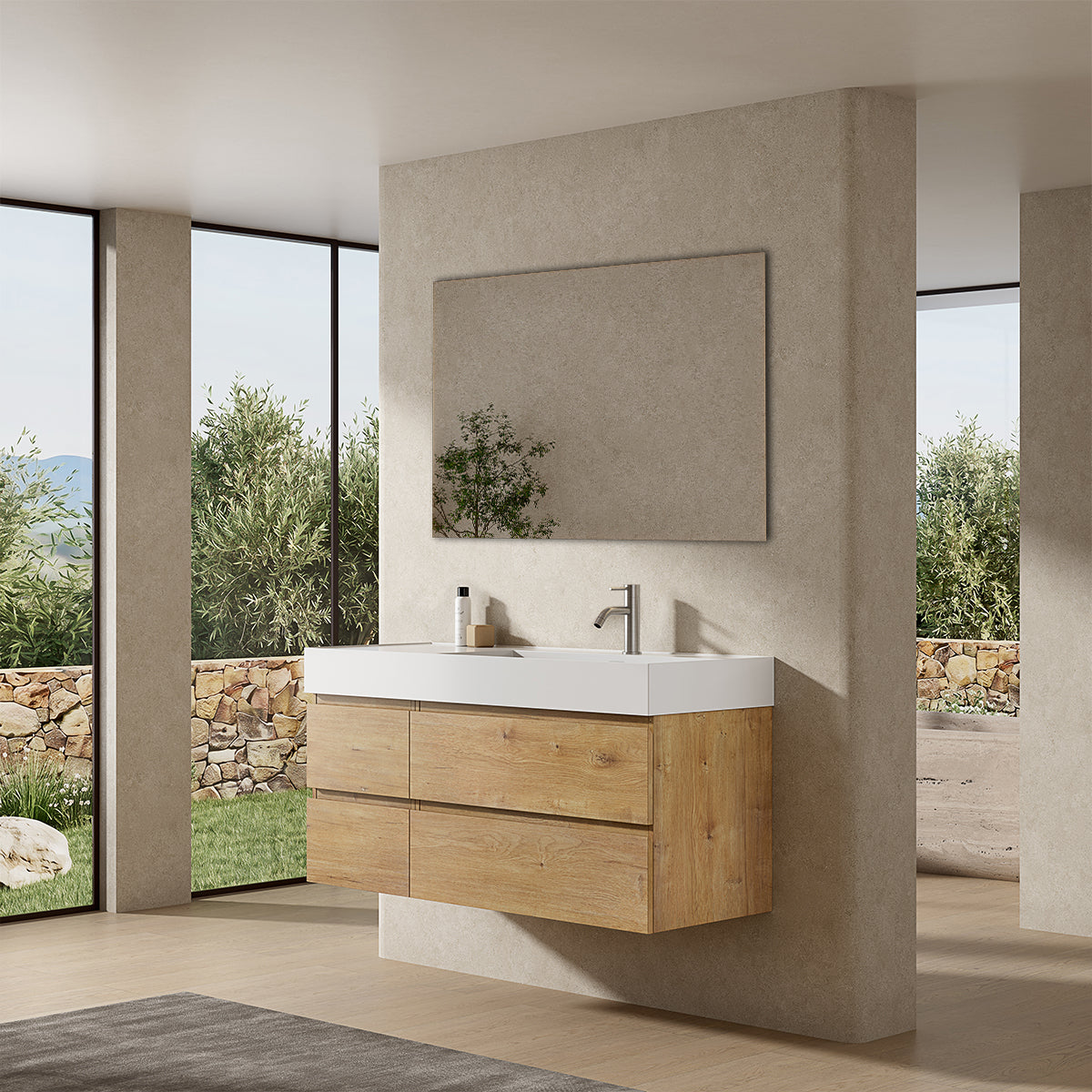 Mobile bagno sospeso 120 cm Bruno Medio Lavabo a Destra in Resina Specchio Quadro - Fiji Wood